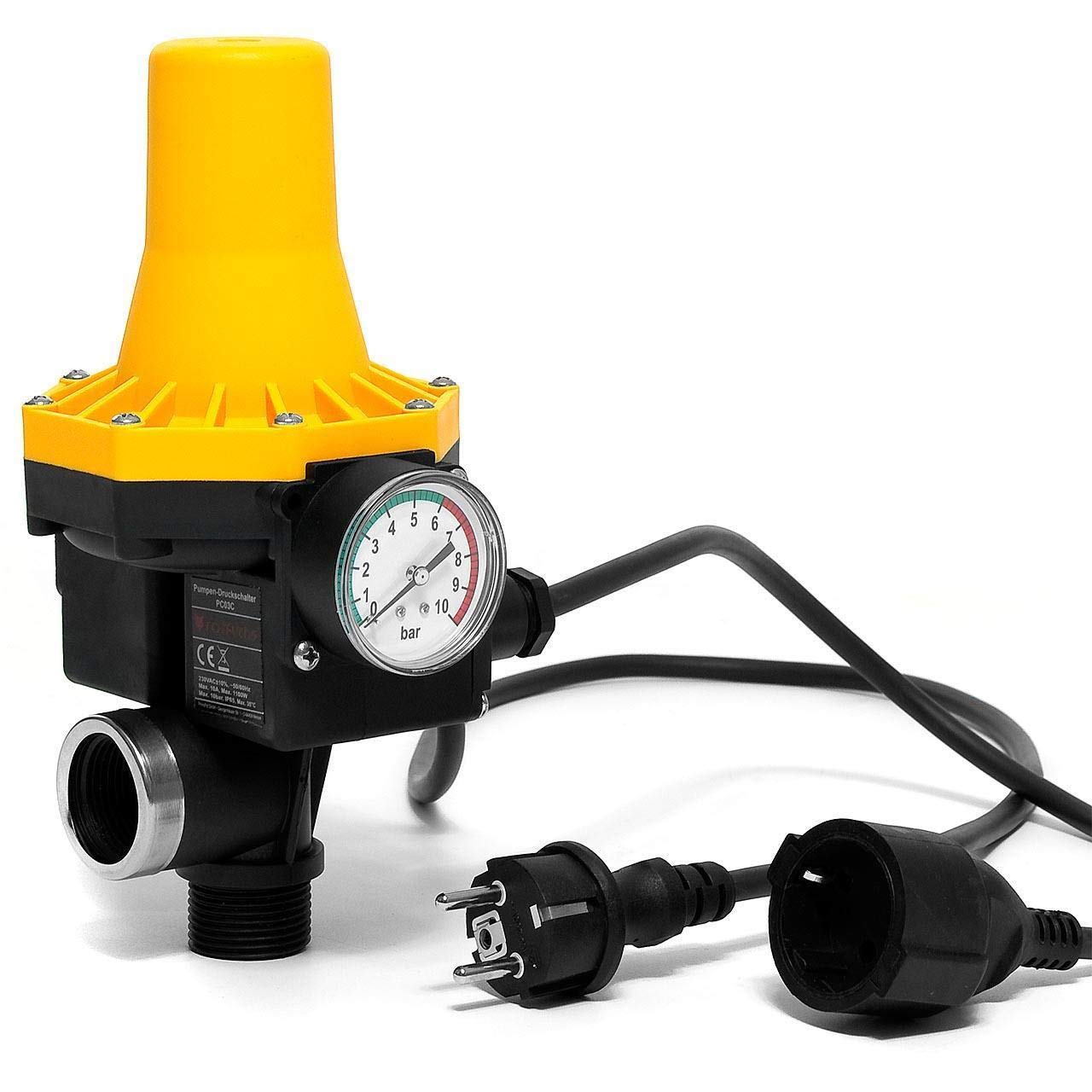 Automatic Water Pressure Switch 10 Bar with Cable, Electric Pressure Switch with Indicator for Jet Pump, Garden Pump, Clean Water Pump (Yellow) - Ideal for Home Water Systems, Irrigation, and Pool Maintenance