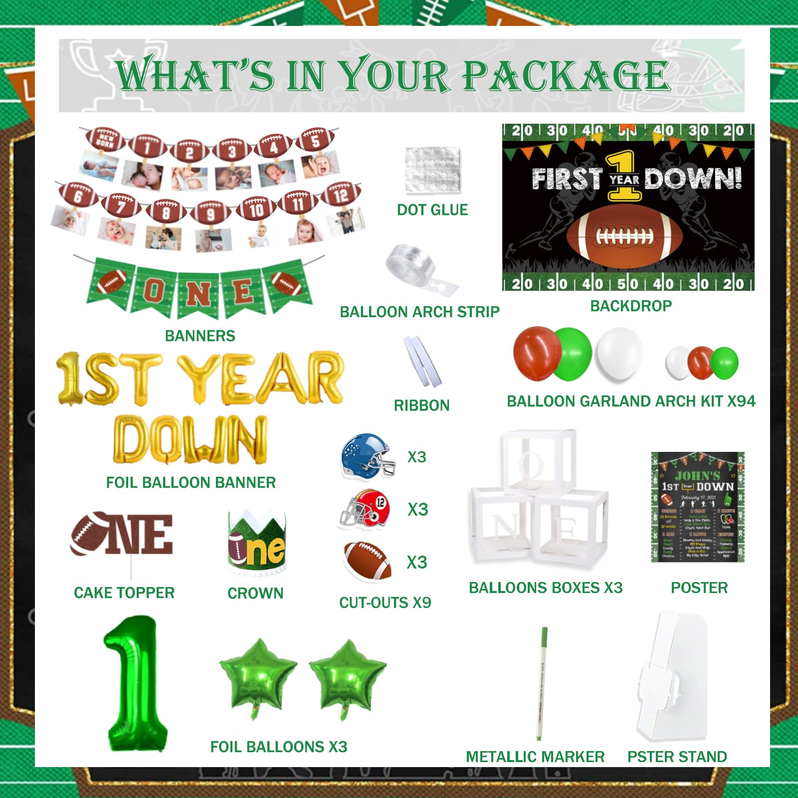 First Birthday Football Party Decorations Set - 136 PCs Balloon Garland, Backdrop, Highchair Banner, Cake Topper & More for Touchdown-Themed 1st Year Celebration | Perfect for Baby Boy's Football Birthday Party Decor & Photo Shoots