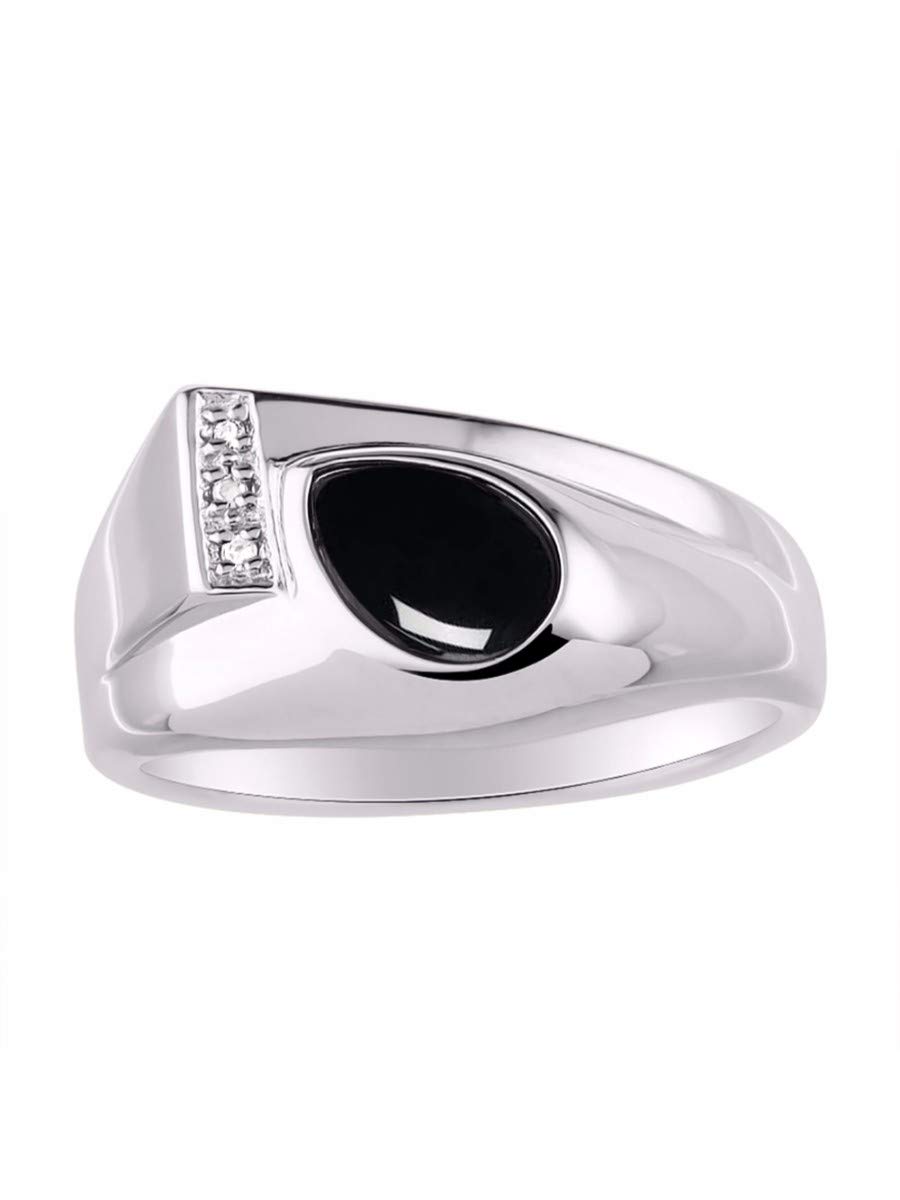 Rylos Men's Sterling Silver Pear Shape Cabochon Gemstone & Diamond Tear Drop Rings - Sizes 8-13 | Elegant Wedding, Anniversary & Formal Event Jewelry for Men