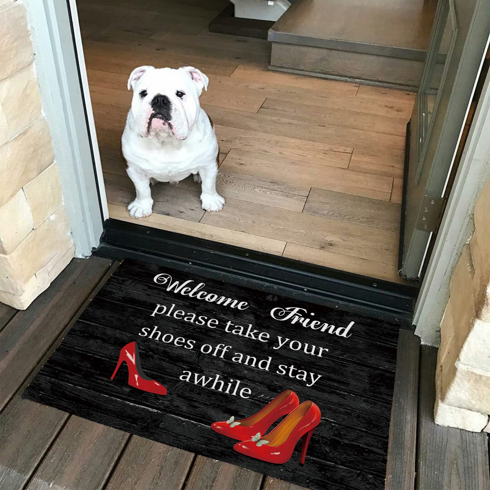 Vintage Style Non-Slip Doormat 18x30 Inch - Absorbent Indoor Outdoor Entrance Mat, Washable Low-Profile Front Door Rug with Showy Red High Heels & Black Wood Grain Design - Perfect for Home, Apartment, Office Entryway & Mudroom Decor
