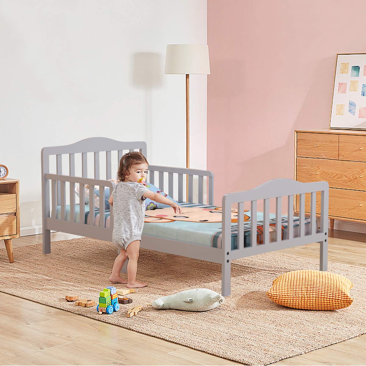 HONEY JOY Solid Rubber Wood Toddler Bed Frame with Safety Guardrail - Fits Full Size Crib Mattress (Not Included) | Classic Kids Bedroom Furniture for Boys & Girls | Perfect for Nursery, Daycare or Children's Bedroom (Gray)