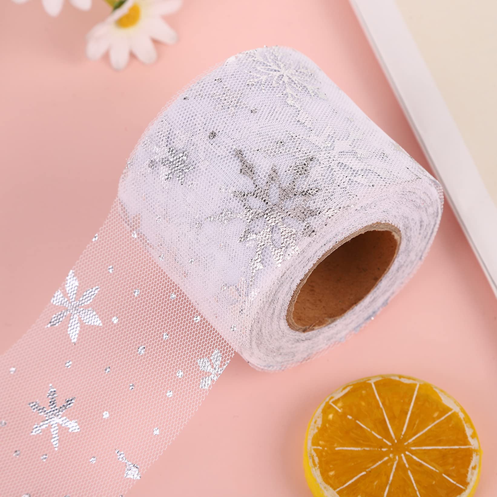 25 Yards Snowflake Printed Tulle Mesh Ribbon - DIY Sewing Fabric for Garments, Hair Clips, Tutu Skirts & Handmade Crafts | Perfect for Christmas Decorations, Wedding Favors, and Gift Wrapping