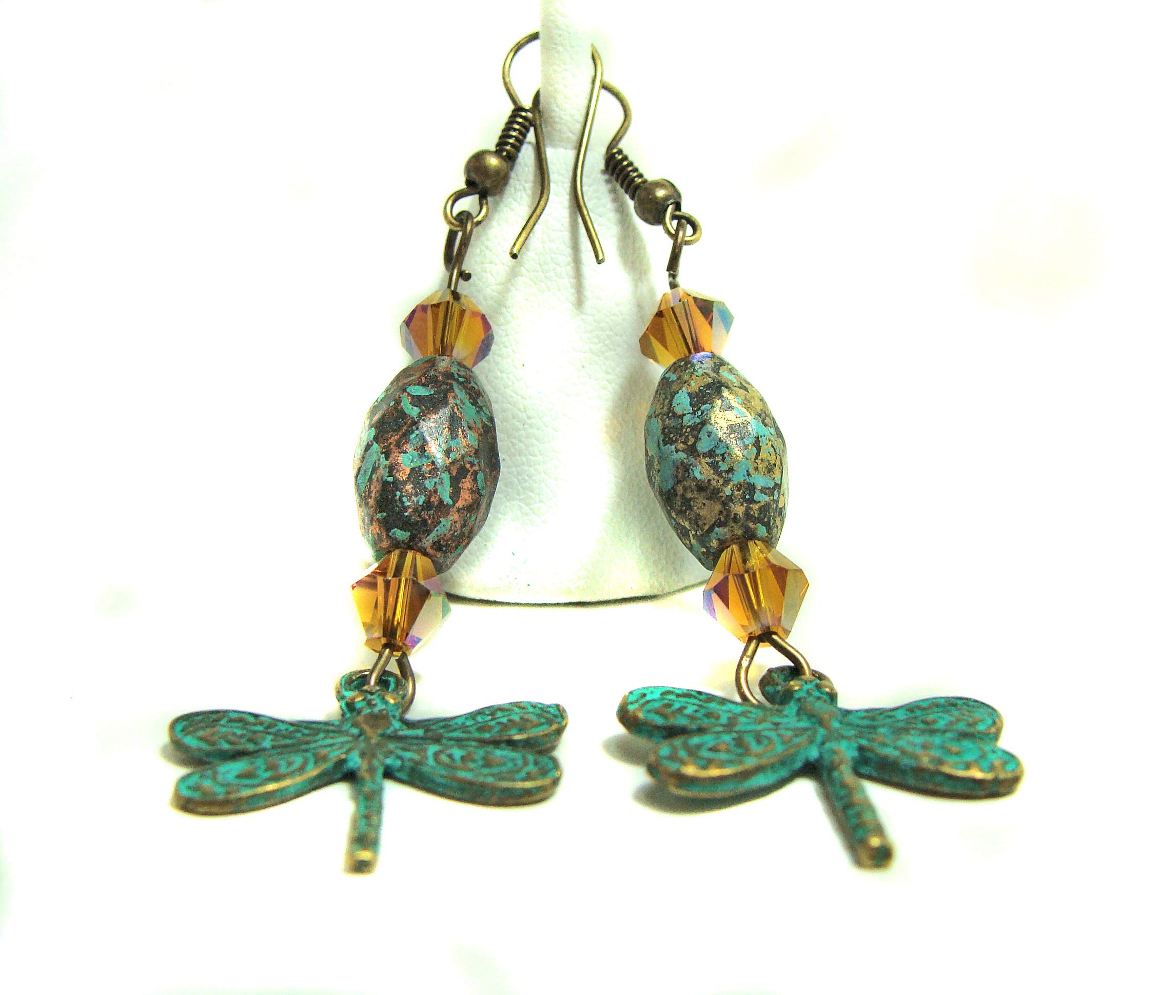Green Patina Metal Dragonfly Earrings with Barrel & Topaz Crystal Beads - Boho Chic Jewelry for Women, Perfect for Parties, Weddings & Everyday Wear
