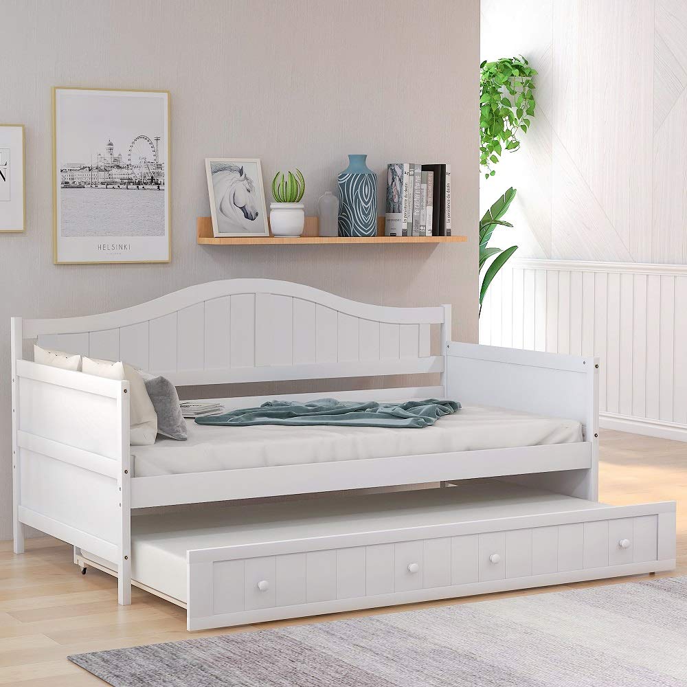 Rhomtree Twin Size Daybed with Trundle - Solid Wood Bed Frame with Backrest for Adults, Teens & Kids - Guest Bedroom & Living Room Furniture - Convertible Sofa Bed (White) - Perfect for Small Spaces, Sleepovers & Multi-Functional Rooms