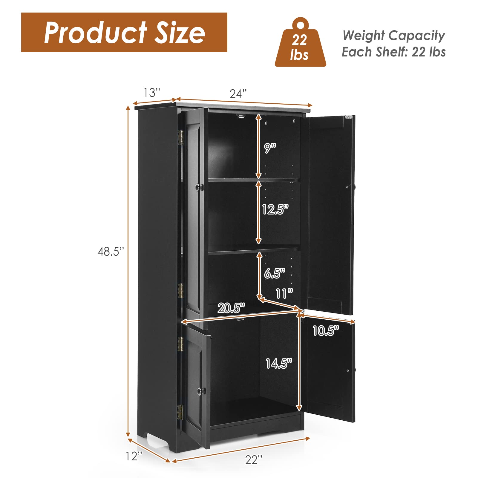 Giantex Wooden Kitchen Pantry Storage Cabinet with Adjustable Shelves & Anti-Tilt Design - Freestanding Cupboard Organizer for Living Room, Bathroom, Bedroom (Black) | Perfect for Home Organization, Small Space Storage & Closet Solutions