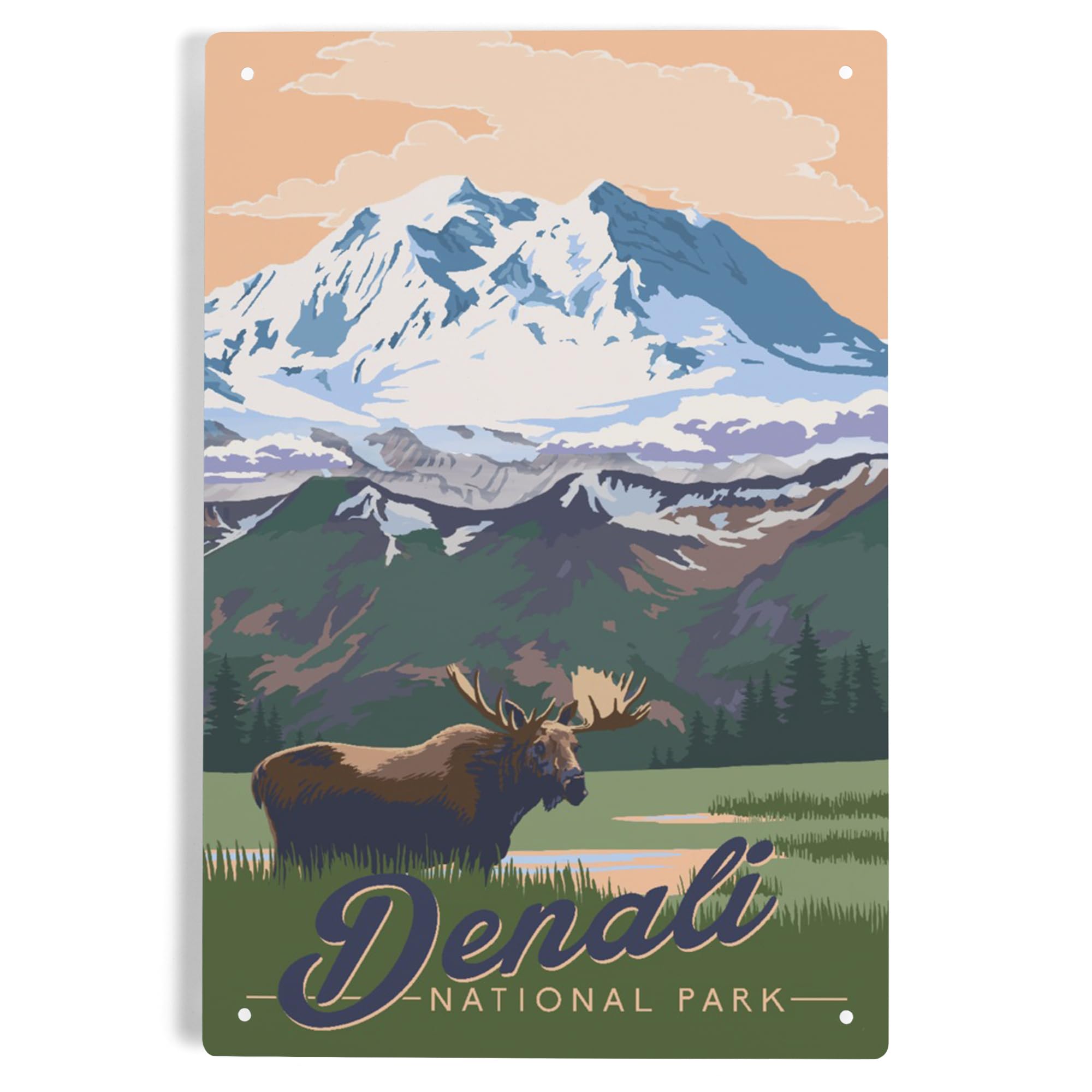 Lantern Press 6x9 Inch Metal Sign - Denali National Park Alaska Wall Art with Moose and Mountains - Perfect for Home Decor, Office, Cabin, or Gift