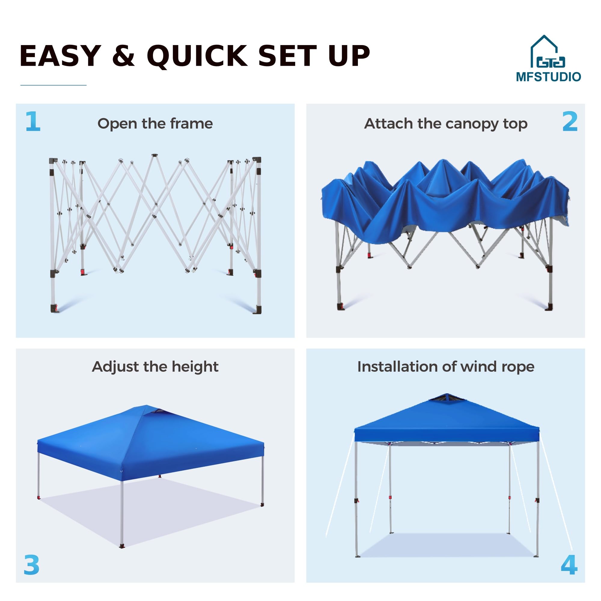 MFSTUDIO 10x10 FT Pop Up Canopy Tent - Waterproof Outdoor Gazebo Shelter with Sun Shade, Portable Instant Screened Tent for Beach, Backyard, Camping, Parties (Blue) | Perfect for Picnics, Tailgating & Outdoor Events
