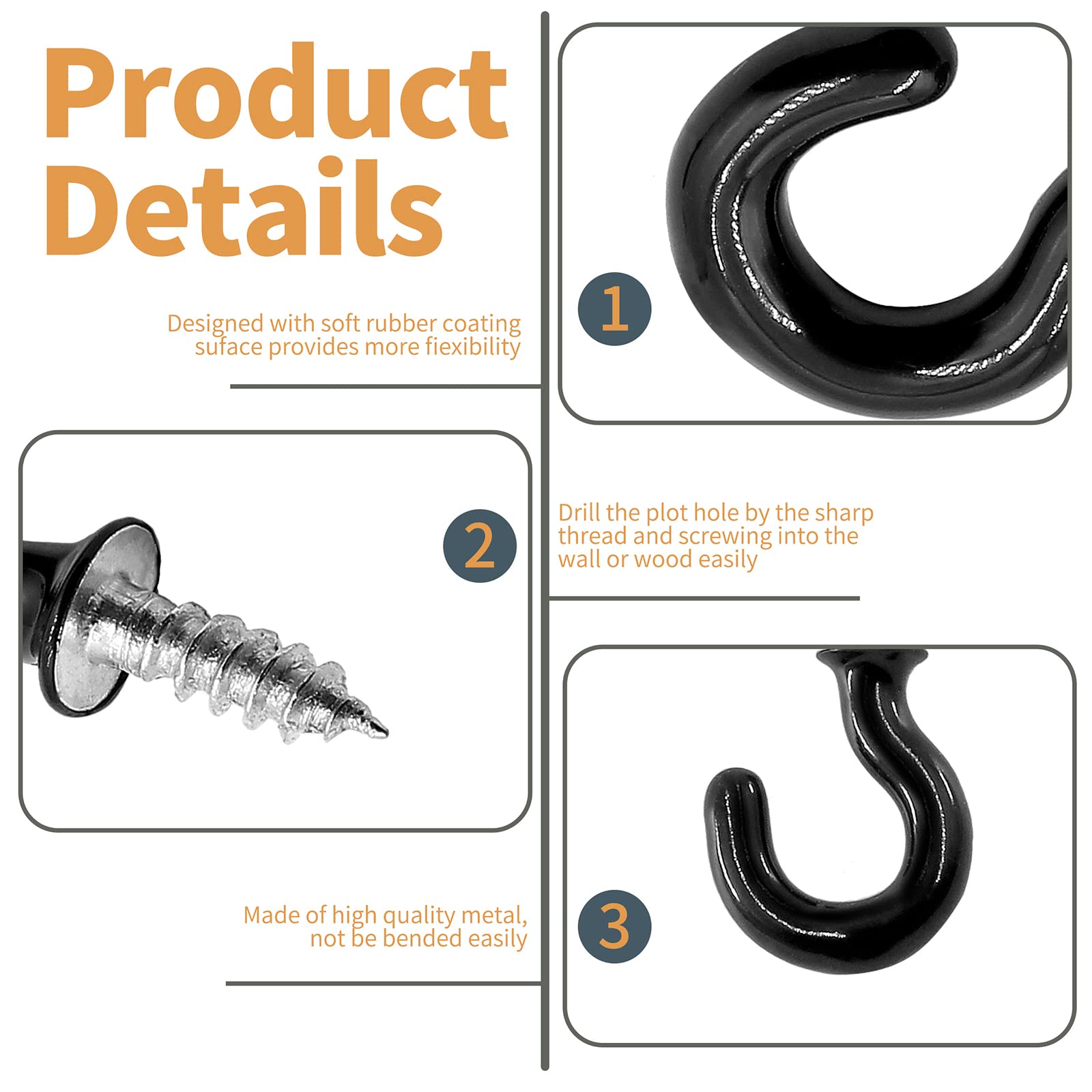 100Pcs Black Cup Hooks - 1/2 Inch Heavy Duty Metal Screw Hooks with Vinyl Coating for Hanging Plants, Lights & Decor - Indoor/Outdoor Use