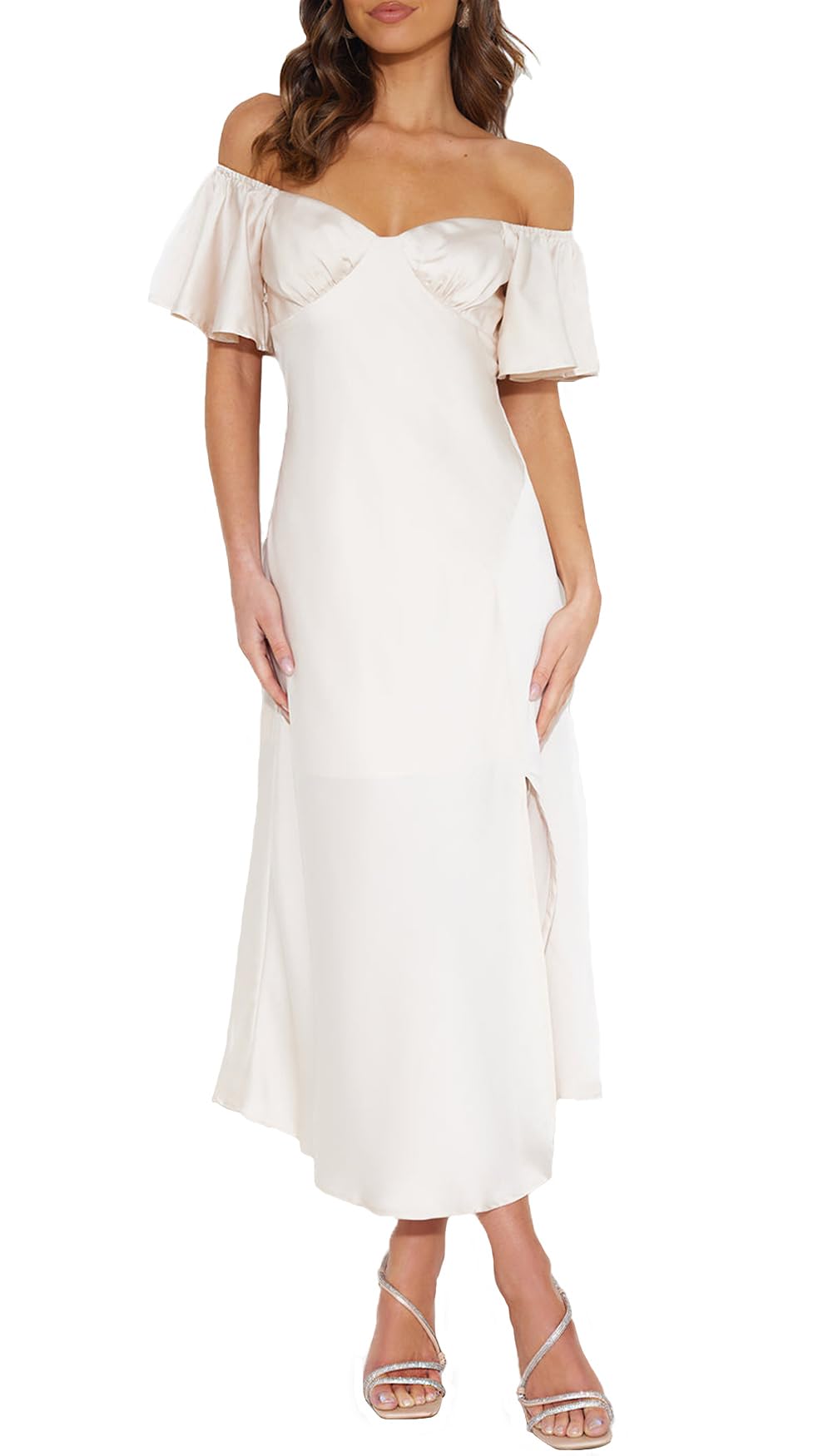 2025 Summer Women's Satin Off Shoulder Formal Dress - Elegant Butterfly Sleeve Cocktail Midi Dress for Wedding Guest, Prom & Special Occasions | Perfect for Evening Parties, Date Nights & Formal Events