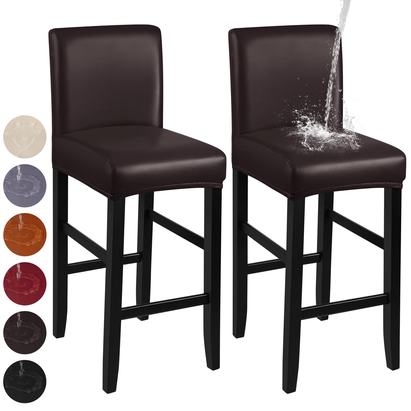 **Waterproof PU Bar Stool Covers 2 Pack - Stretchable, Washable & Removable Slipcovers with Elastic Bands for Kitchen, Dining, or Bar Counter (Coffee Brown) – Perfect for Home, Restaurant, and Cafe Use**