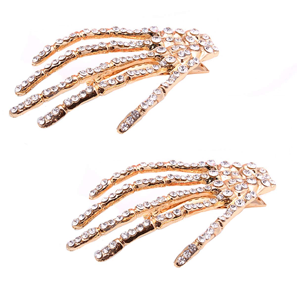 2PCS Rhinestone Crystal Skeleton Claw Hair Clips - Punk Skull Hand Bone Hair Barrettes for Women - Gothic Horror Hair Accessories for Cosplay, Halloween, and Gothic Fashion (White)