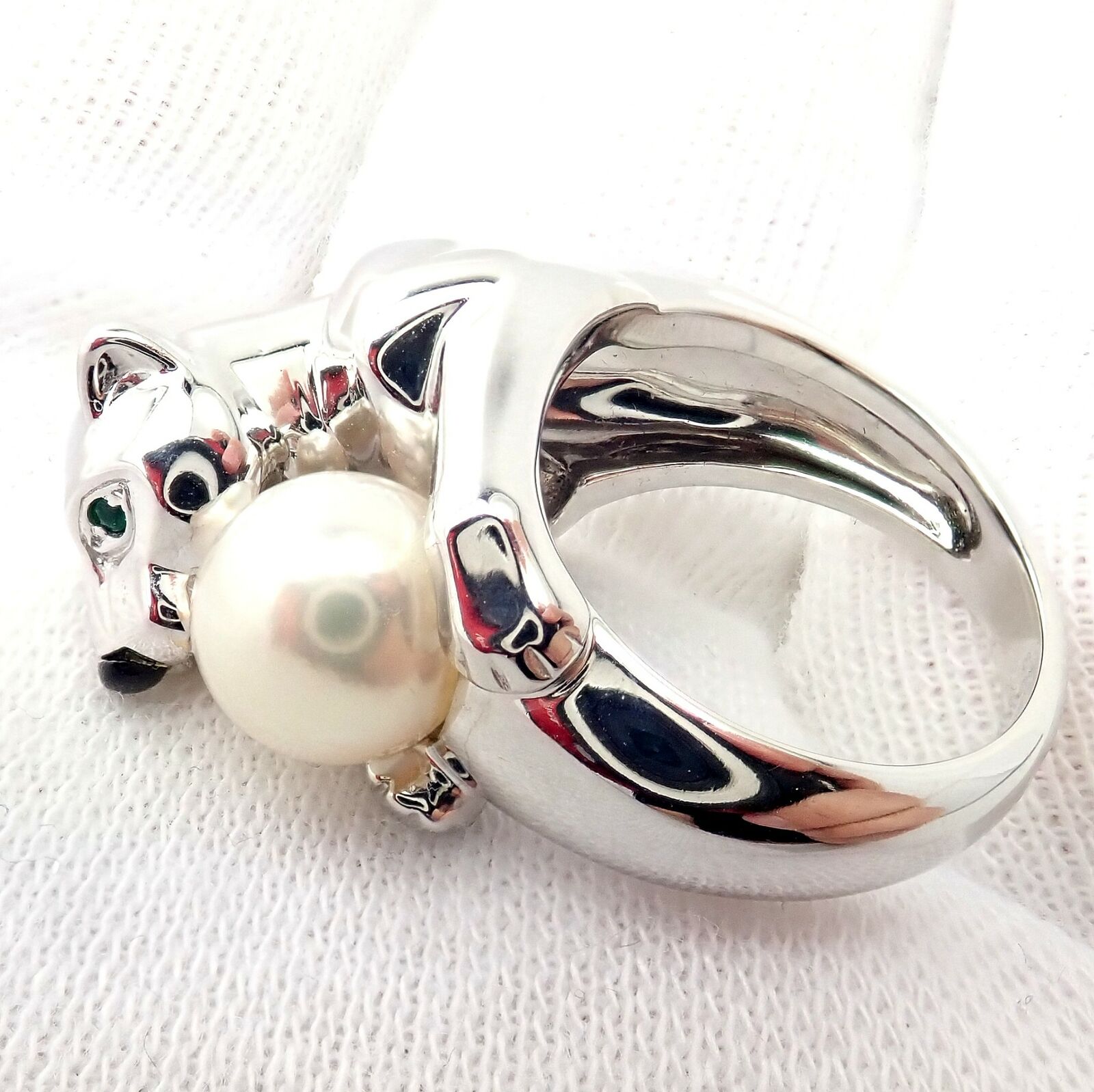 Authentic Cartier 18K White Gold Panther Panthere Ring with Onyx, Tsavorite & Pearl - Luxury Jewelry for Women, Perfect for Weddings, Anniversaries & Special Occasions