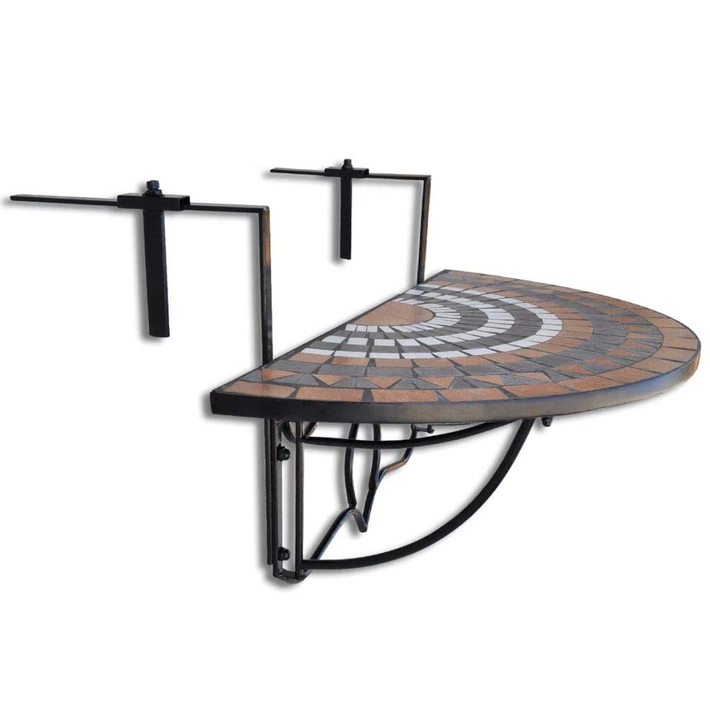 Hanging Balcony Table - Terracotta & White Mosaic Patio Table for Outdoor Decor, Plant Stand - Perfect for Small Spaces, Balconies, Gardens & Patios