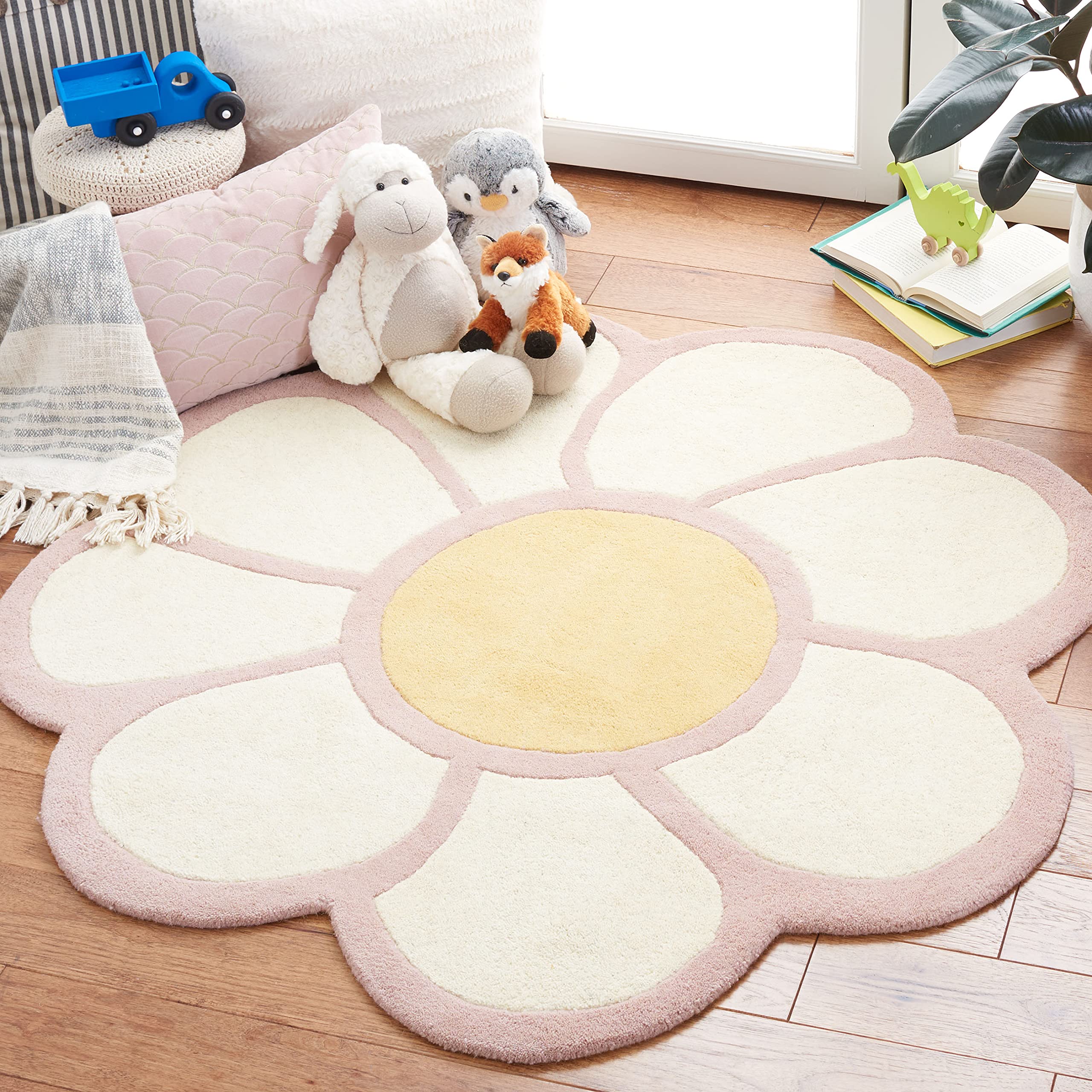 SAFAVIEH Novelty Collection 3' Round Ivory & Pink Floral Handmade Wool Area Rug - Perfect for Bedroom, Living Room, Nursery Decor