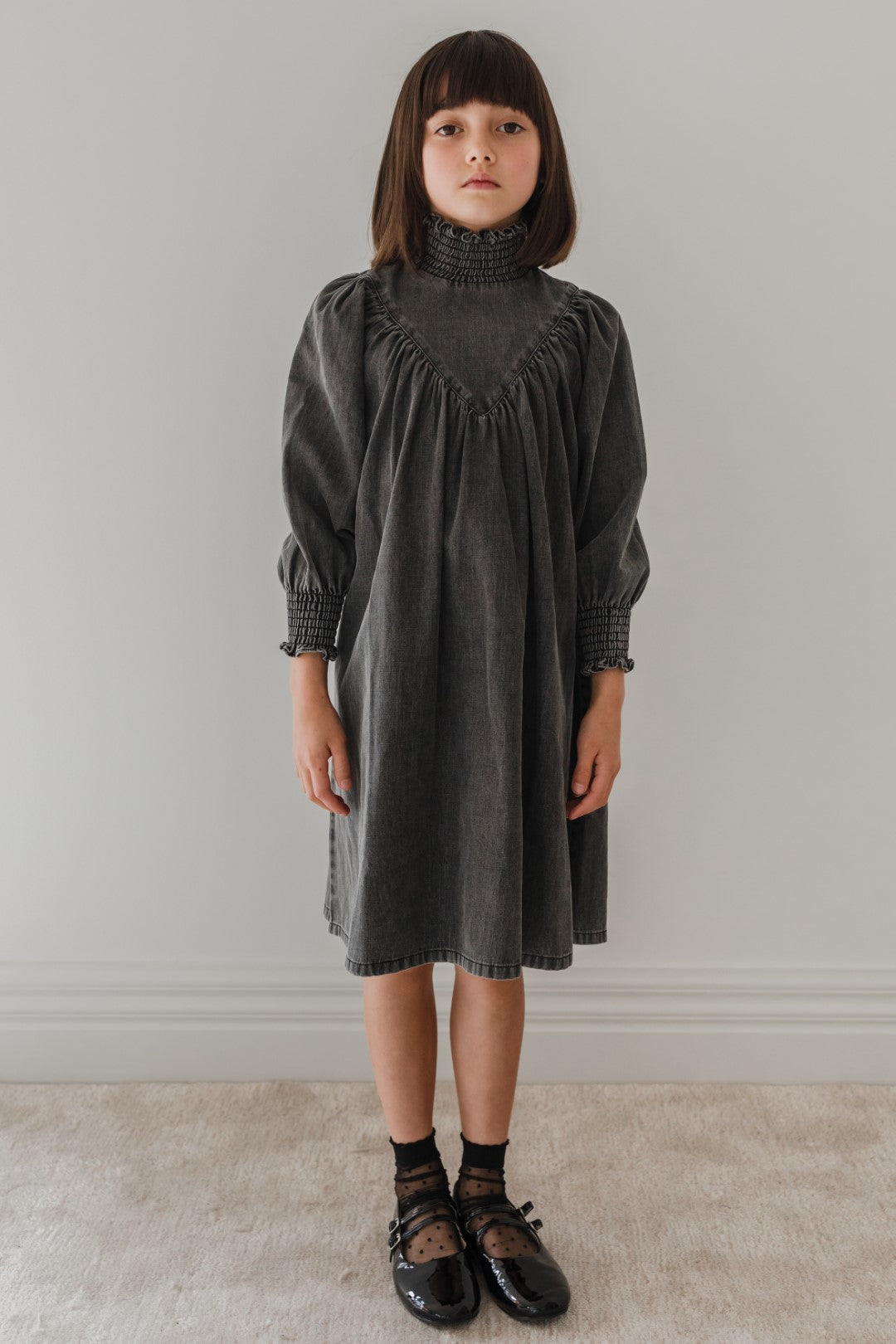 Petite Amalie Chambray Shirred Neck Black Wash Babydoll Dress 1254 | Women's Casual Summer Mini Dress for Beach, Date Night & Vacation