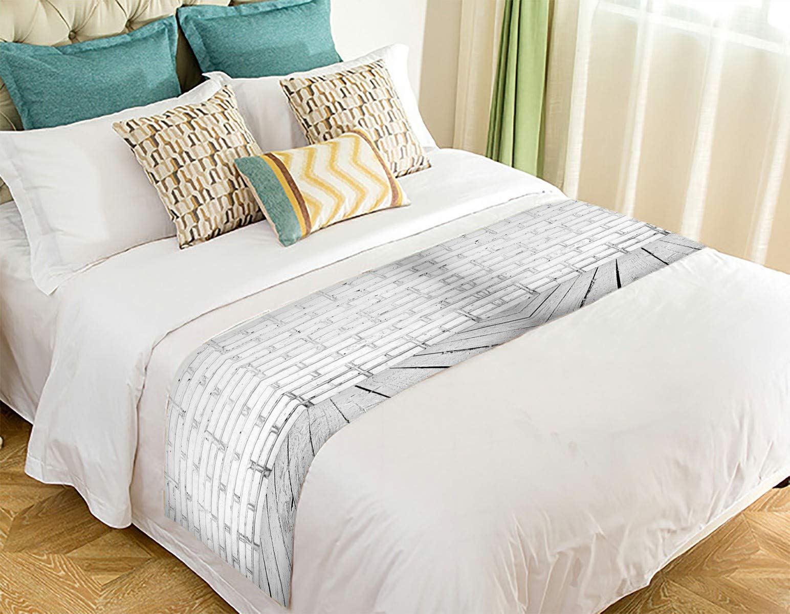 Vintage White Brick Wall & Old Wooden Floor Bed Runner - 20x95 Inch Decorative Bed Scarf for Farmhouse, Rustic & Boho Bedroom Decor - Perfect for Master Bedroom, Guest Room & Photo Backdrops