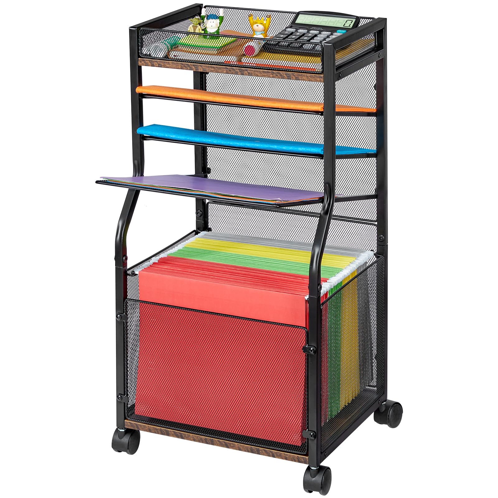 5-Tier Rolling File Cart with Hanging Folders - Mobile Desk Organizer with Lockable Wheels, Wood & Mesh Paper Trays for Office, Home & School Use - Perfect for Document Storage, Classroom Organization and Home Office Filing
