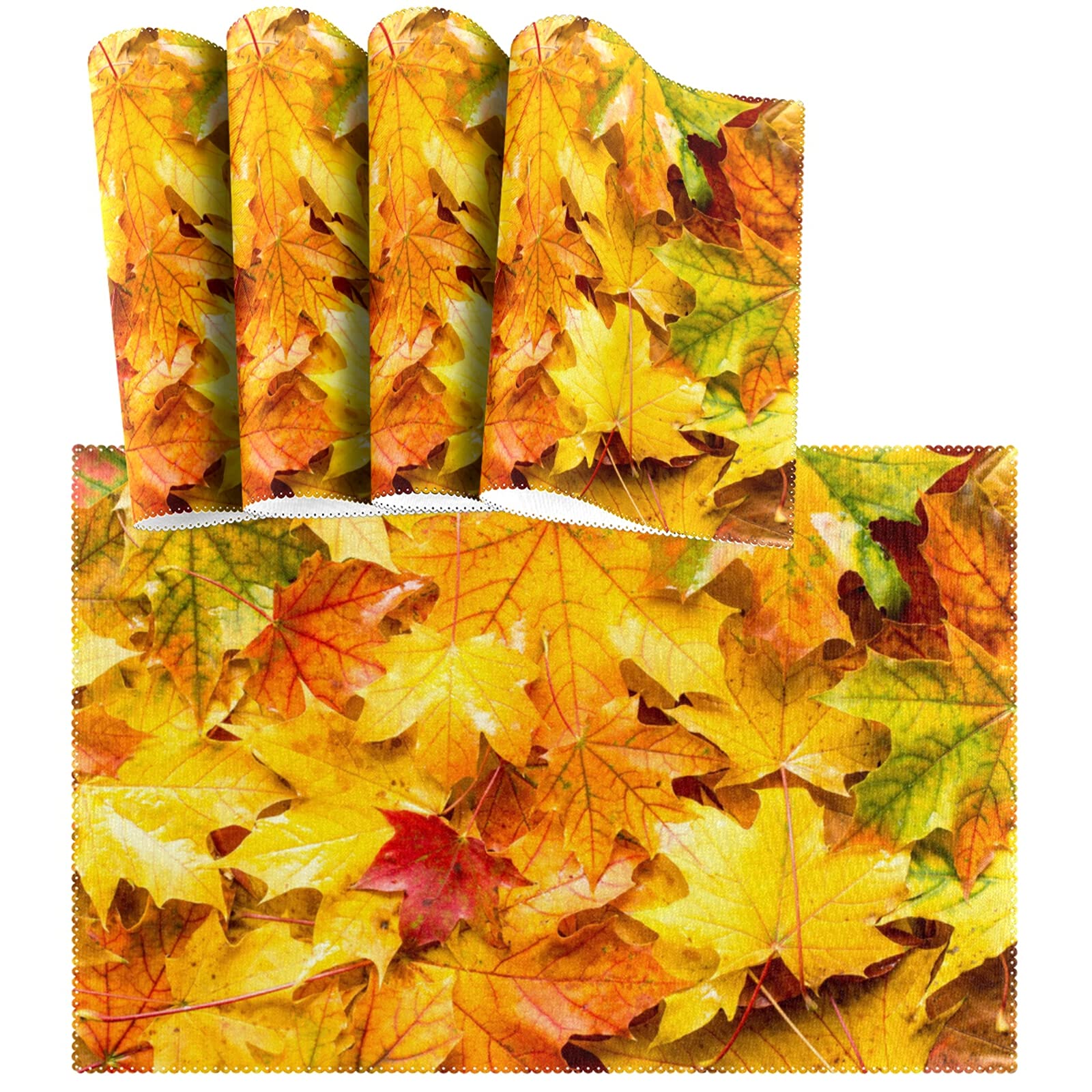 Thanksgiving Maple Leaf Placemats Set of 4 - Non-Slip Heat-Resistant Washable Table Mats for Kitchen & Dining - 12