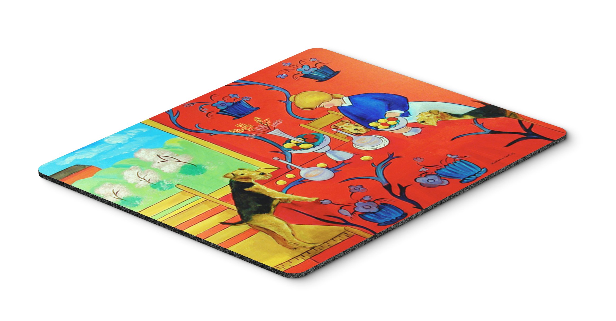 Caroline's Treasures 7212MP Airedale Terrier with Lady in The Kitchen Mouse Pad - Large Washable Non-Slip Desk Mat for Home Office, Gaming, Computer & Laptop Use - Perfect Hot Pad & Trivet for Kitchen Decor