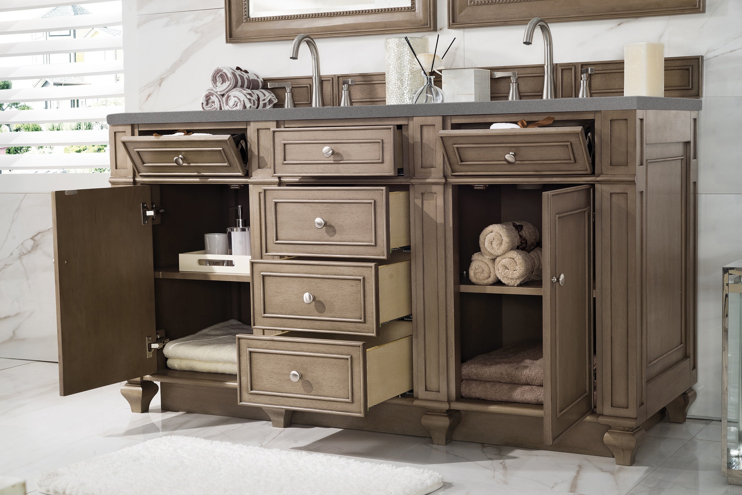 Bristol 60-Inch Double Bathroom Vanity Set - Whitewashed Walnut Finish with 3CM Gray Expo Quartz Countertop | Perfect for Master Bathroom & Guest Bath Remodel