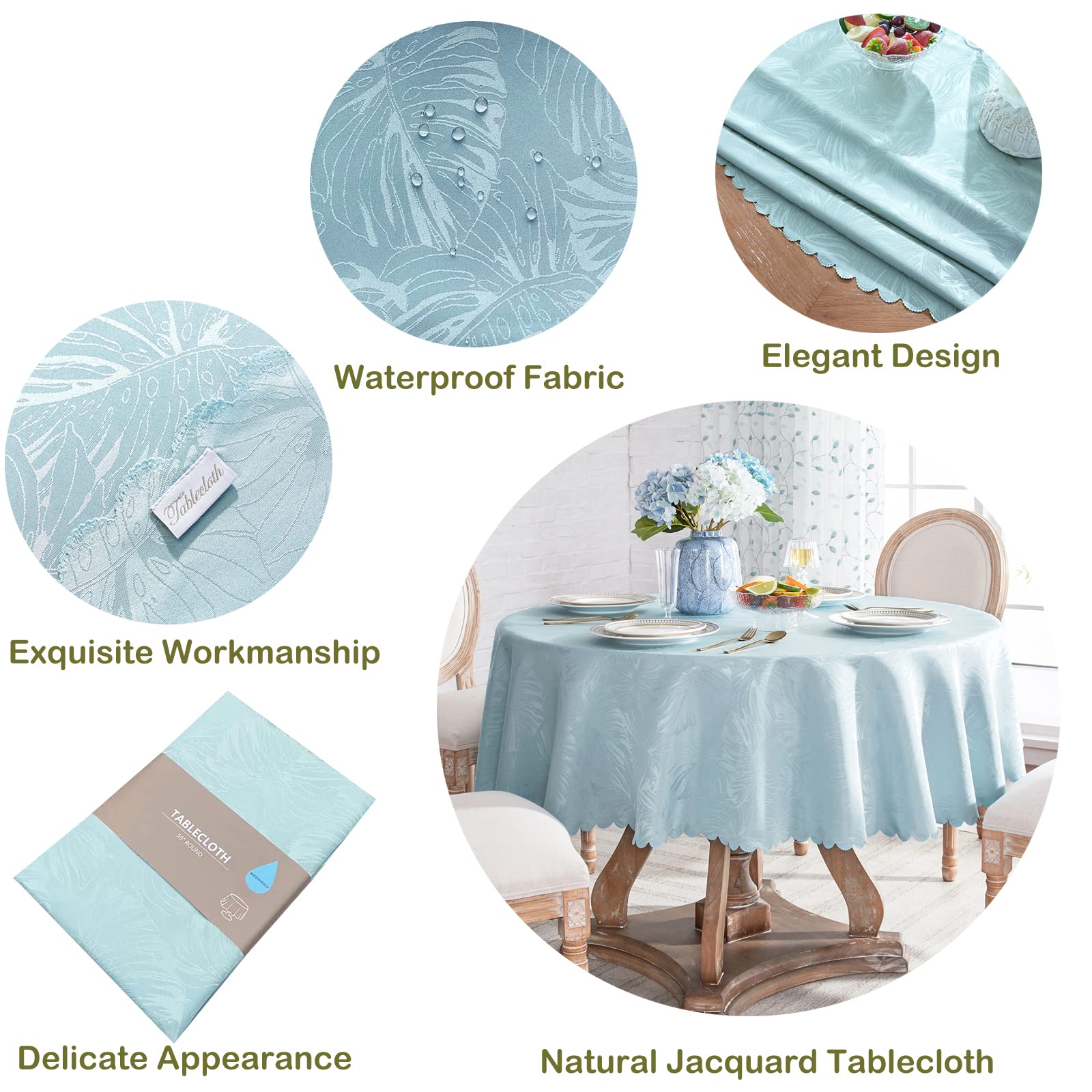 Blue Round Tablecloth with Leaves Pattern - 50 Inch Scalloped Edge Silky Soft Waterproof Washable Fabric Table Cover for 20-38 Inch Dining Tables - Perfect for Kitchen, Party, Banquet & Holiday Decorations