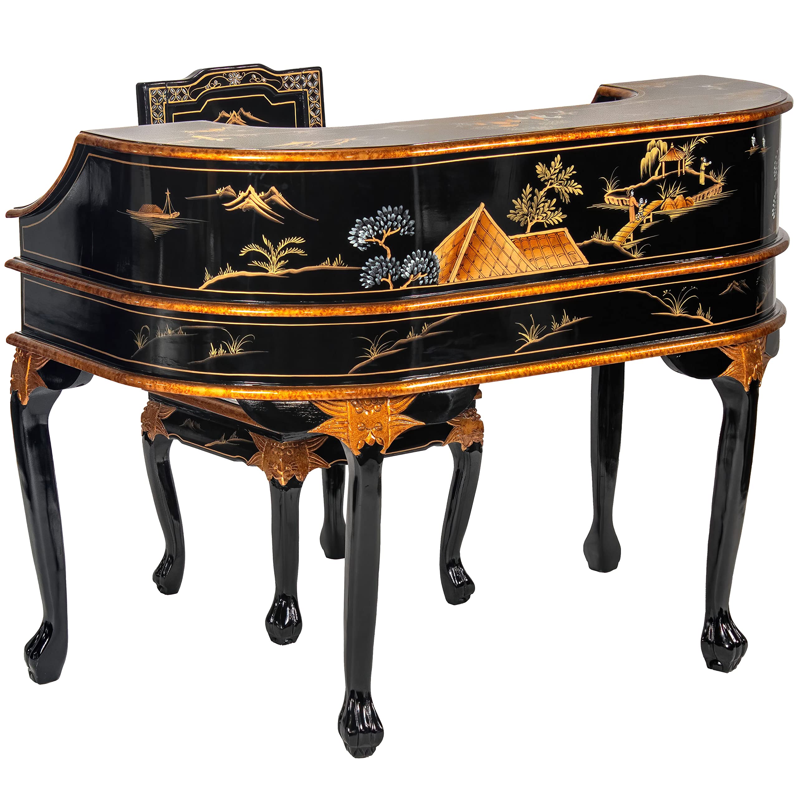 Handcrafted Black Lacquer Desk with Matching Chair - Traditional Red Lantern Design - Perfect for Home Office, Study Room & Asian-Inspired Decor