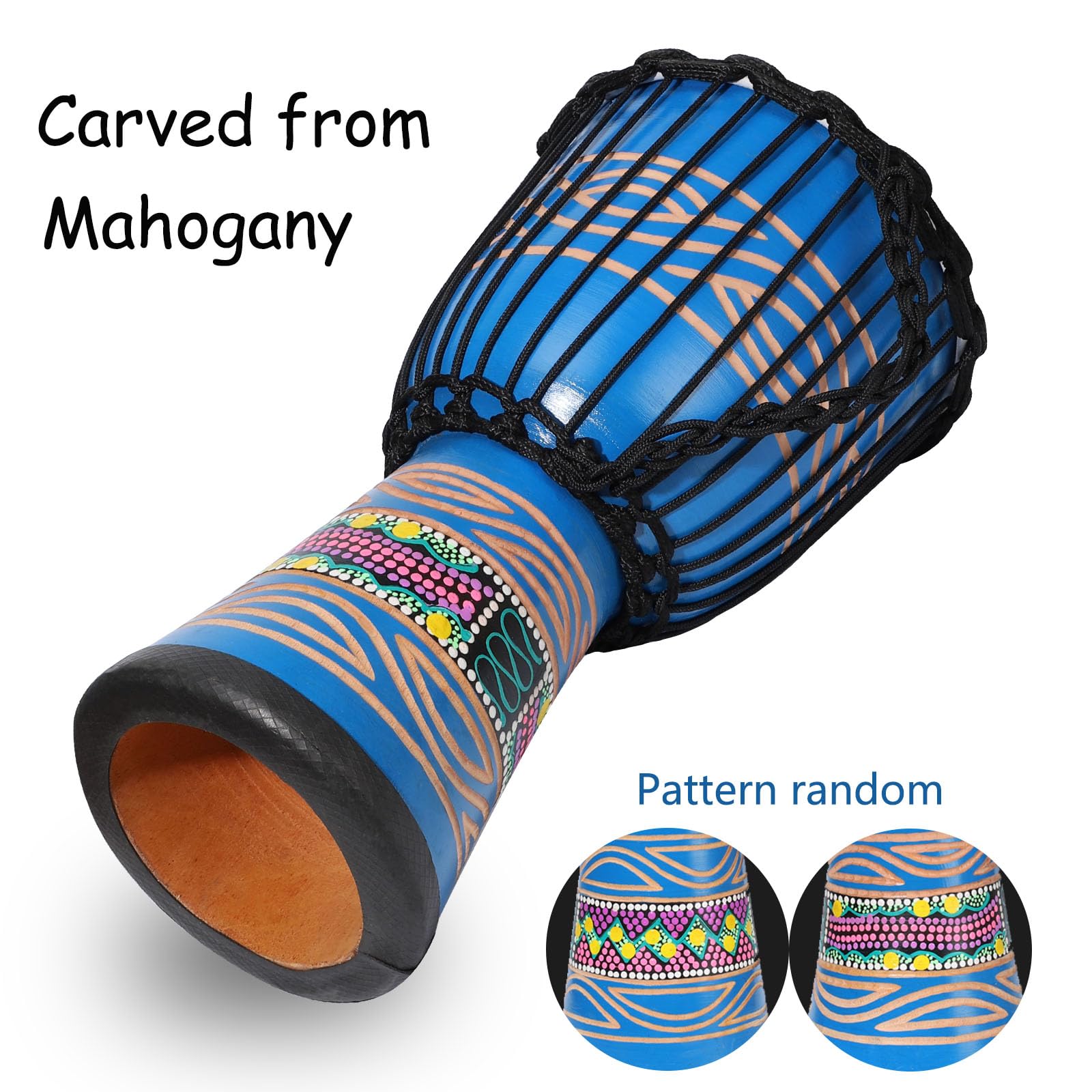 LIEKE 10'' x 20'' African Djembe Drum - Handcrafted Mahogany Wood with Goatskin Head, Traditional Hand-Painted Blue Design - Perfect for Adults, Beginners, Music Therapy, Yoga Classes & Cultural Events