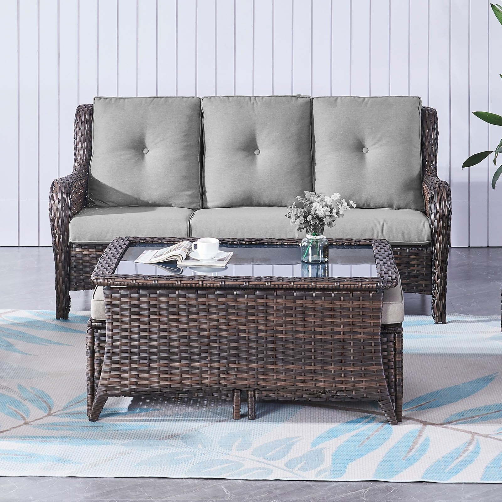 Outdoor Coffee Table with Tempered Glass Top - Brown Rectangular Wicker Patio Table, Handwoven Rattan Furniture for Porch, Deck, Backyard | Perfect for Outdoor Lounging, Garden Parties & Poolside Relaxation