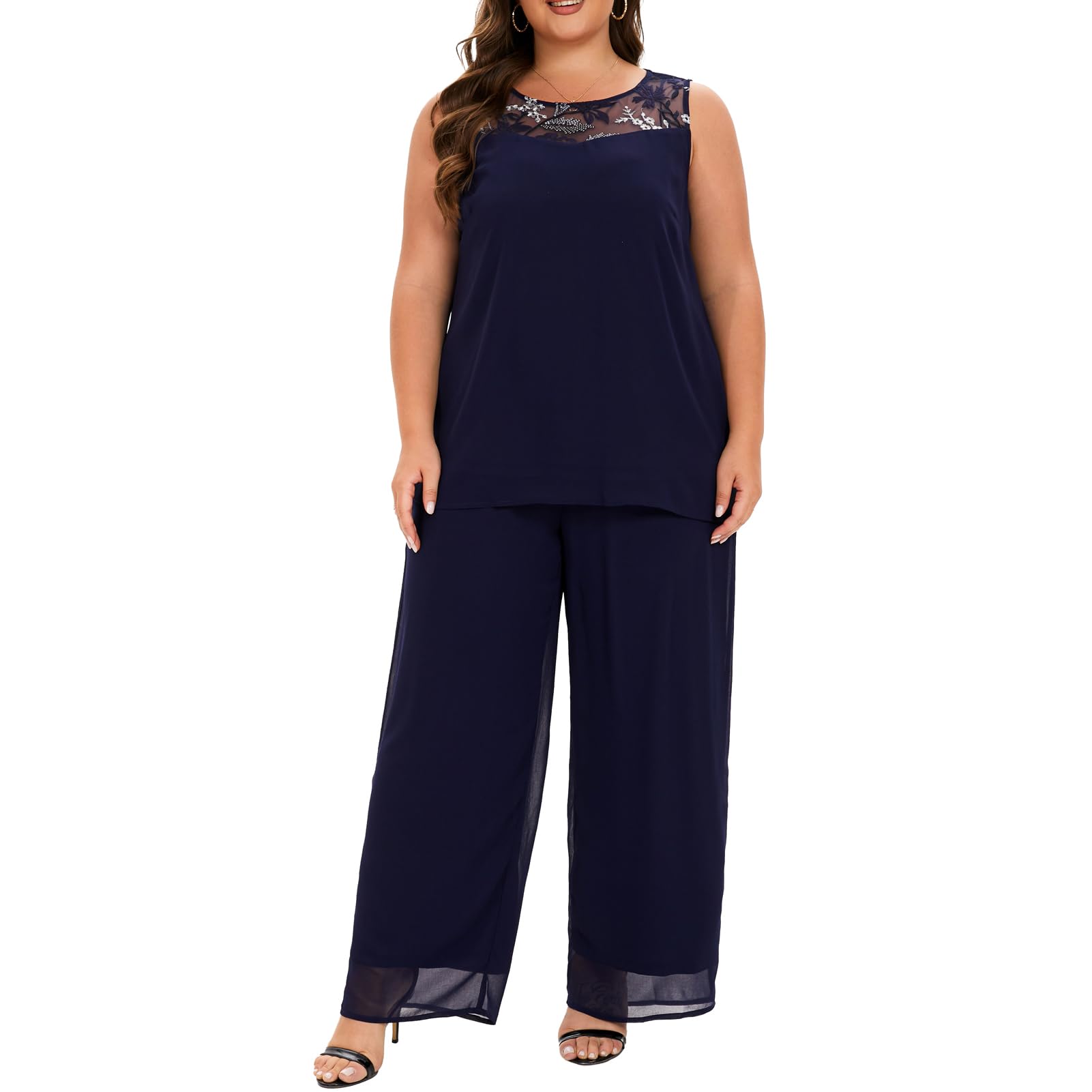 Plus Size Women's 3-Piece Chiffon Wedding Pant Suit Set - Elegant Mother of The Bride/Groom Outfit for Evening Parties, Receptions & Formal Events
