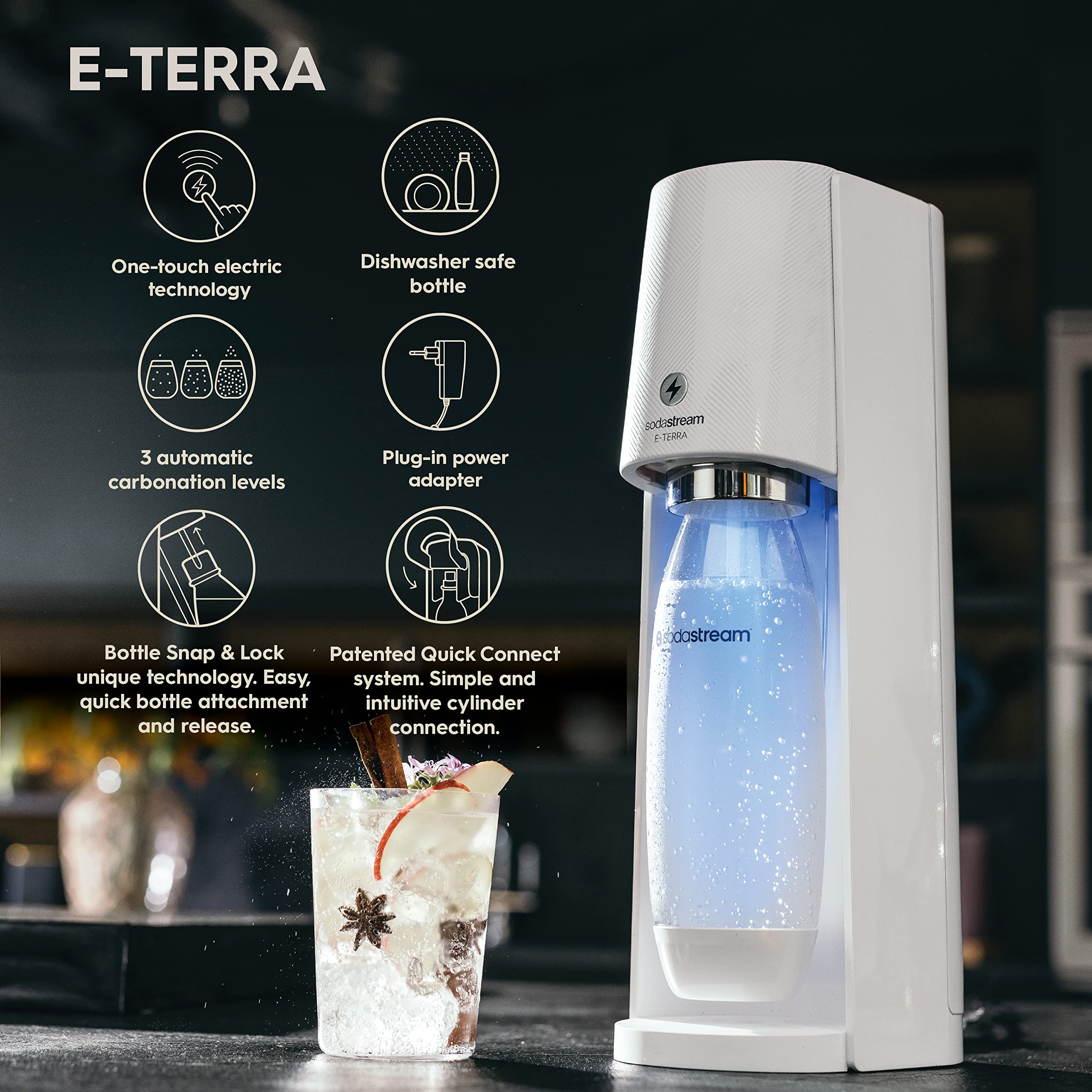 SodaStream E-TERRA Sparkling Water Maker Kit - White Home Soda Machine with CO2 Cylinder & Carbonating Bottle - Perfect for Healthy Homemade Sparkling Water, Cocktails & Party Drinks