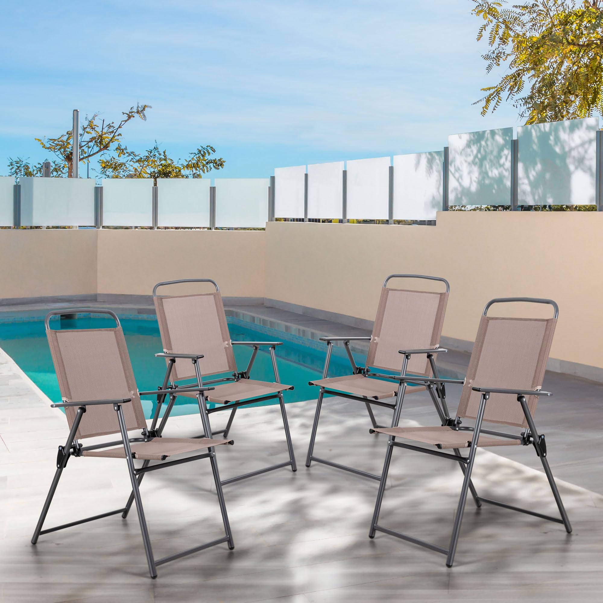 Vongrasig 4-Piece Folding Patio Dining Chair Set - Lightweight Metal Outdoor Sling Chairs for Lawn, Garden, Deck & Backyard (Brown) | Perfect for Outdoor Dining, Poolside Lounging & Small Space Storage