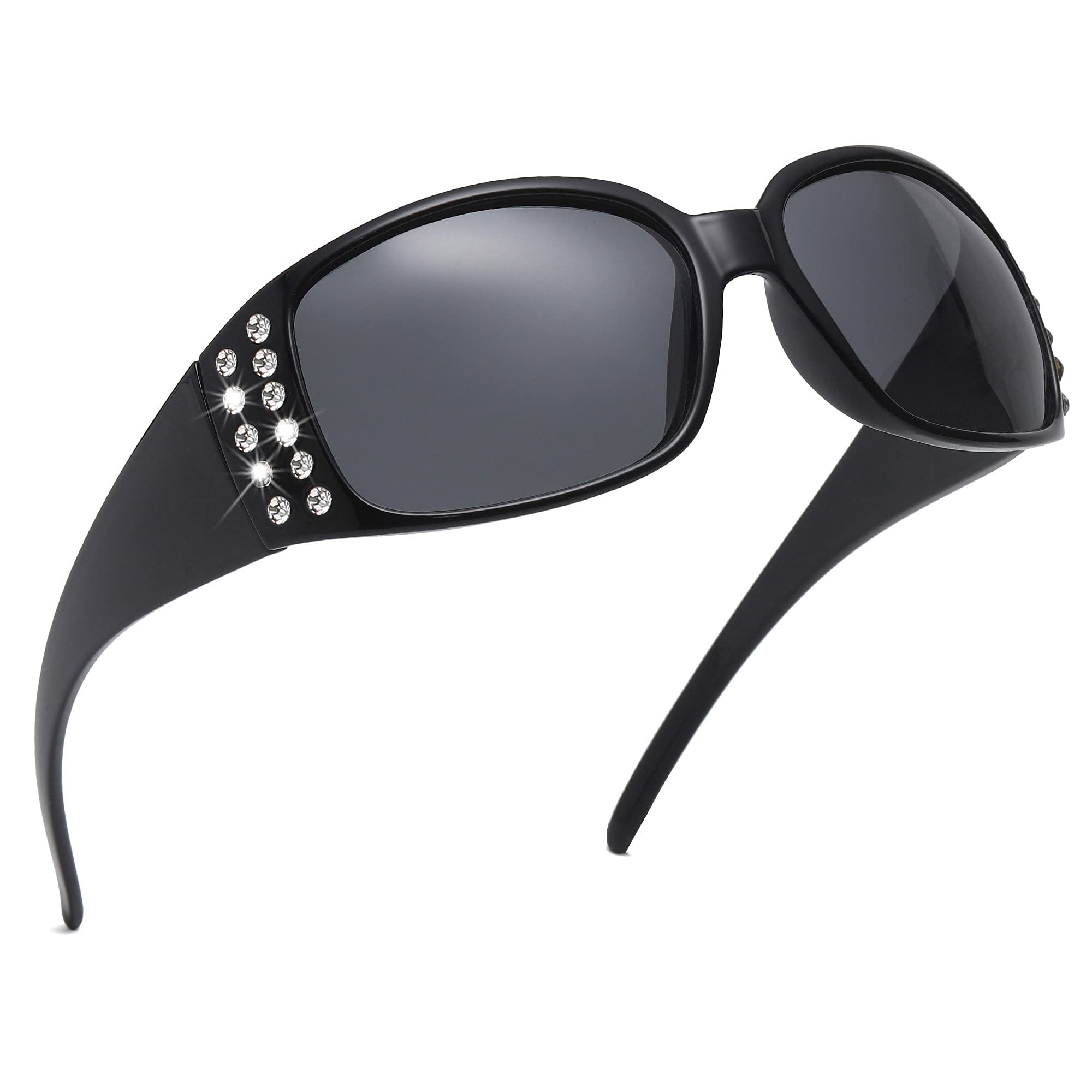 Stylish Polarized Sunglasses for Women - Rhinestone Bling Oval UV Protection Shades for Driving, Shopping & Outdoor Activities