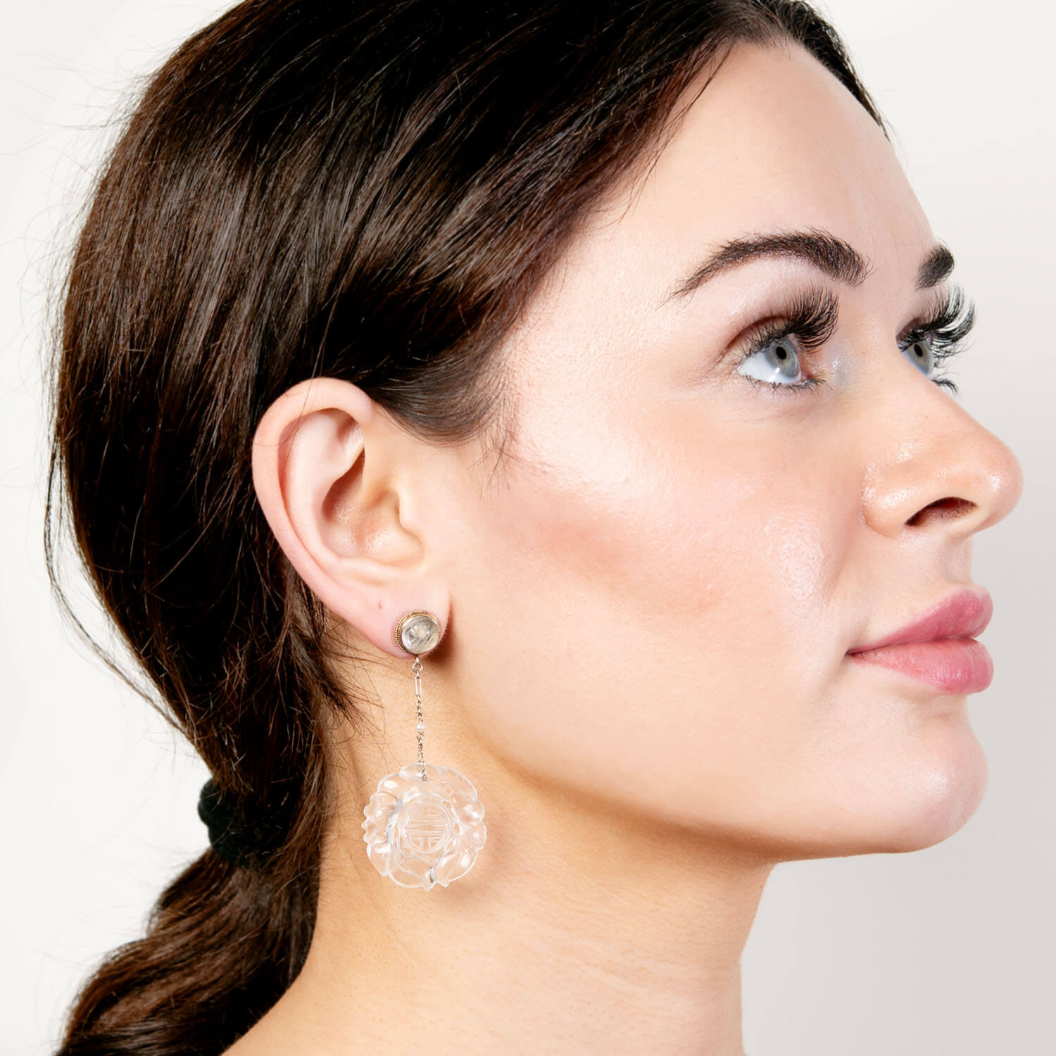 Art Deco 14k Gold & Sterling Silver Carved Rock Quartz Crystal Pearl Drop Earrings for Women - Elegant Dangle Jewelry for Weddings, Parties & Special Occasions
