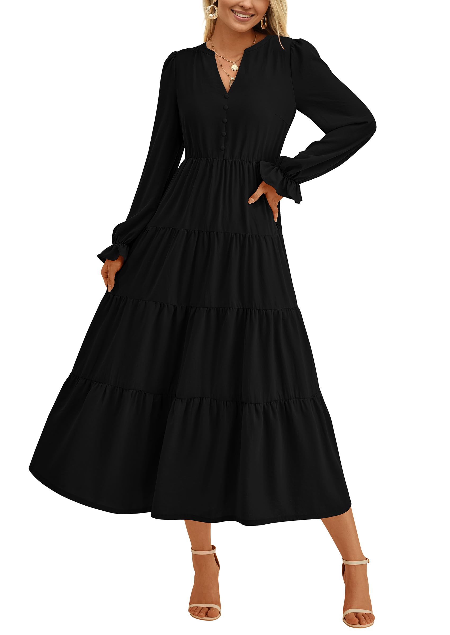 PRETTYGARDEN Women's Long Sleeve V-Neck Maxi Dress - Flowy Tiered Ruffle A-Line Cocktail Party Dress for Spring & Fall | Perfect for Weddings, Date Nights & Special Occasions