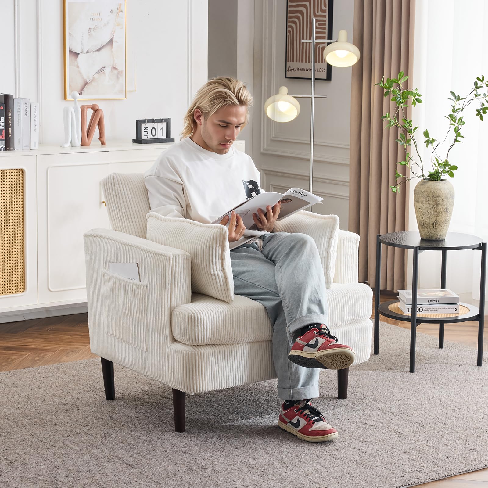 Karl Home Modern Accent Chair - Corduroy Upholstered Armchair with 2 Pillows & Side Pocket, Barrel Sofa Chair with Sturdy Solid Wood Legs - Comfortable Reading Chair for Living Room, Bedroom & Office (Beige) - Perfect for Relaxing, Reading & Small Space Decor