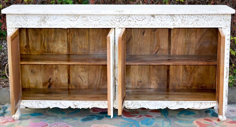 Distressed White French Arched Hand Carved Solid Mango Wood Sideboard Buffet Cabinet - Perfect for Dining Room Storage, Farmhouse Decor & Rustic Home Furnishings