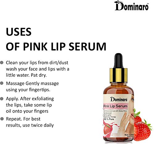 Dominaro Pink Lip Serum Oil - Strawberry Flavor Lip Gloss with Moisturizer for Soft & Shiny Lips - 30ml for Men & Women | Perfect for Daily Hydration & Night Care