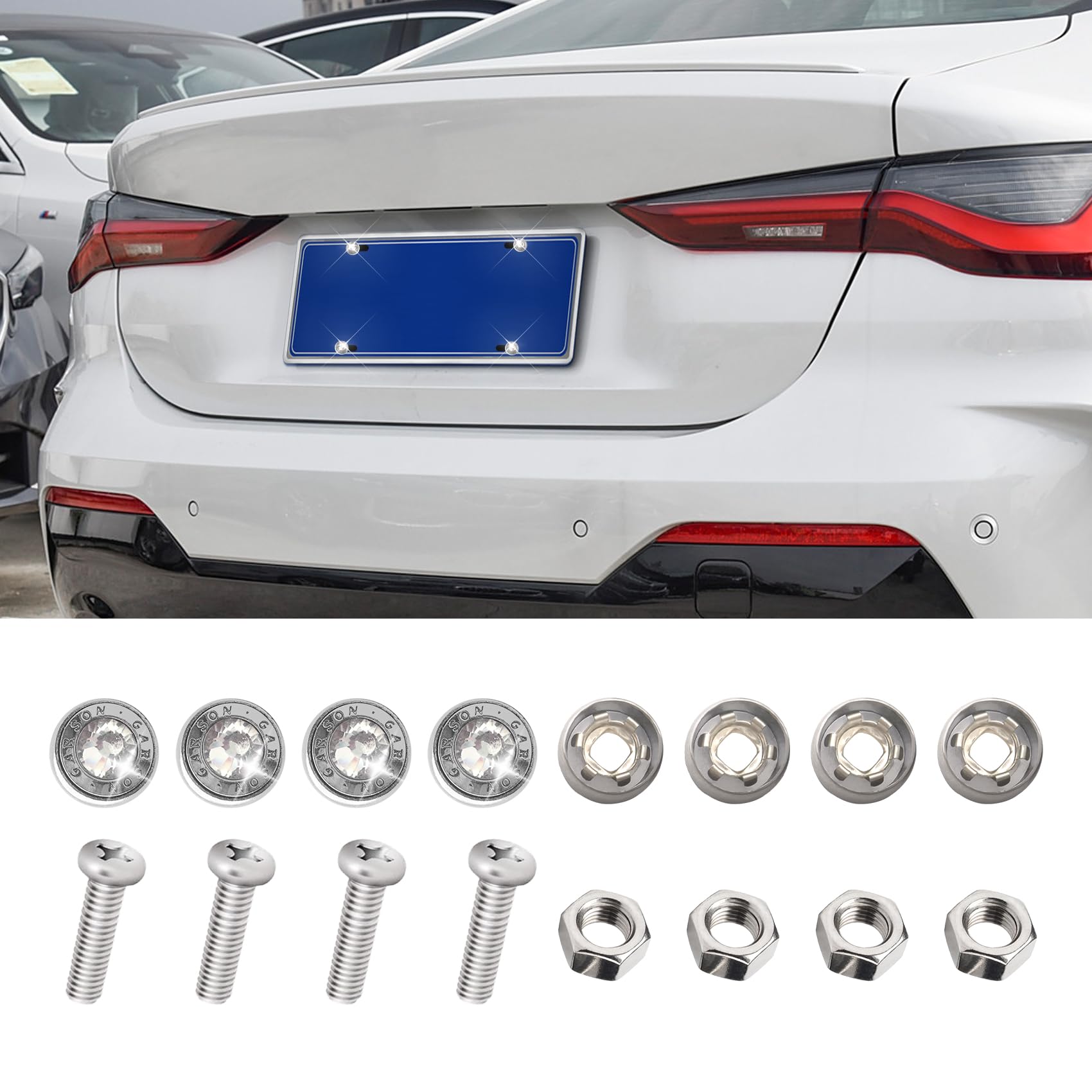 Deemars 4-Piece Stainless Steel License Plate Screw Kit with Rhinestone Caps & Anti-Theft Fasteners - Fits Cars, Trucks, SUVs & Motorcycles - Perfect for Vehicle Customization & Security