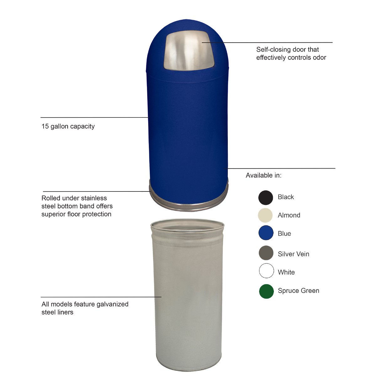 Witt Industries 15DTBL 15 Gallon Push Top Standard Receptacle - Steel Trash Can with Lid, Blue - Ideal for Office, Kitchen, Garage & Commercial Use