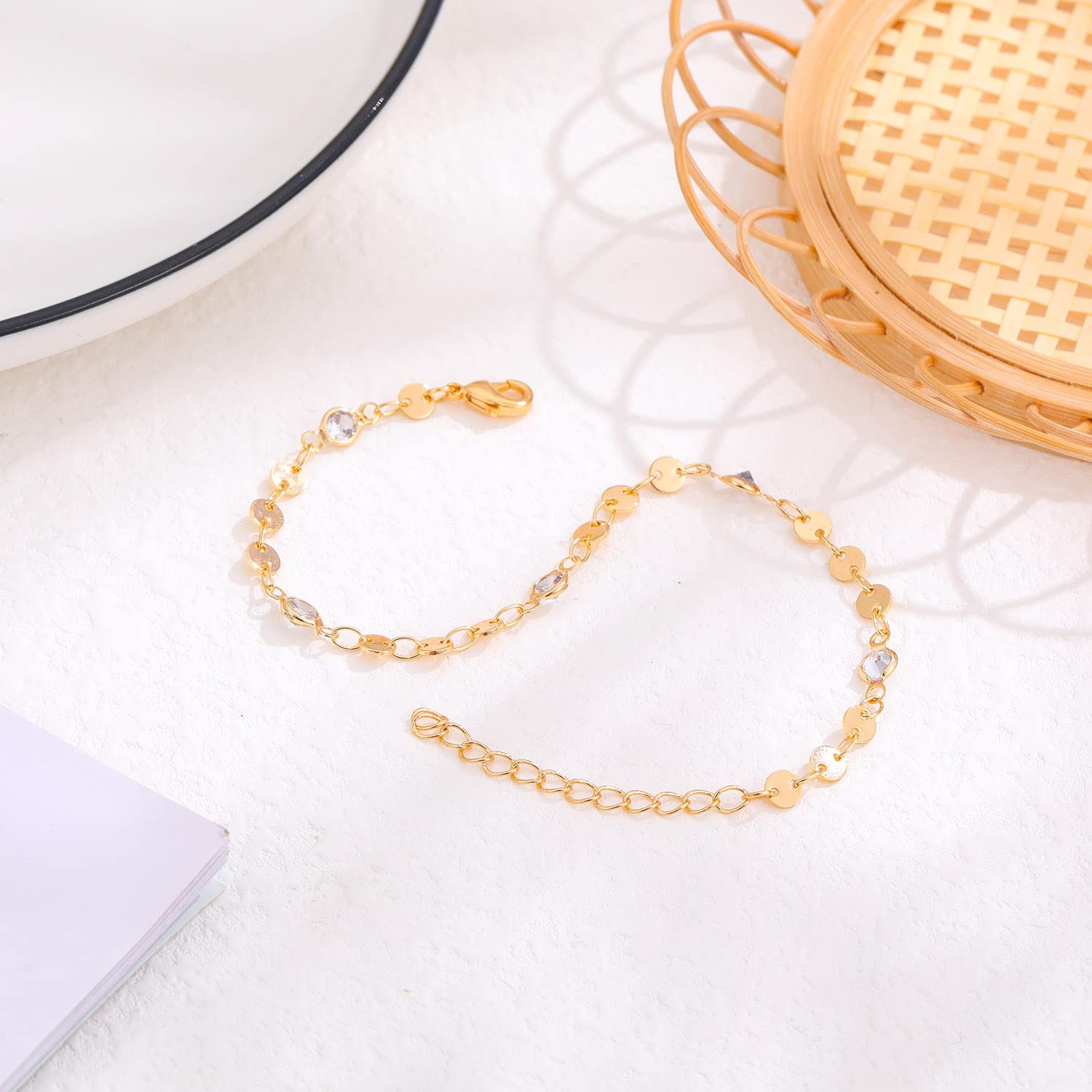 Women's Dainty Gold Chain Bracelet - Simple Layered Beaded Turquoise Bracelet with Charm Crystal Bar, Heart, Karma & Triangle Pearl Bracelets - Perfect for Everyday Wear, Gifts & Special Occasions