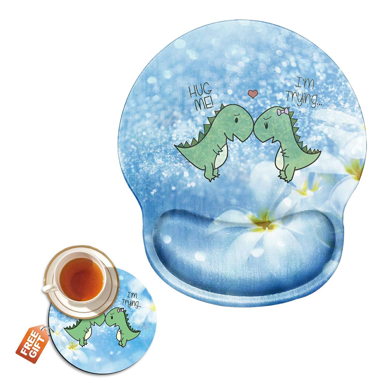 Ergonomic Gaming Mouse Pad with Wrist Support Gel - Comfortable Wrist Rest for Laptop, Computer, Home & Office Use - Cute Glitter Dinosaur Design + Bonus Coffee Themed Mouse Mat for Gamers & Professionals