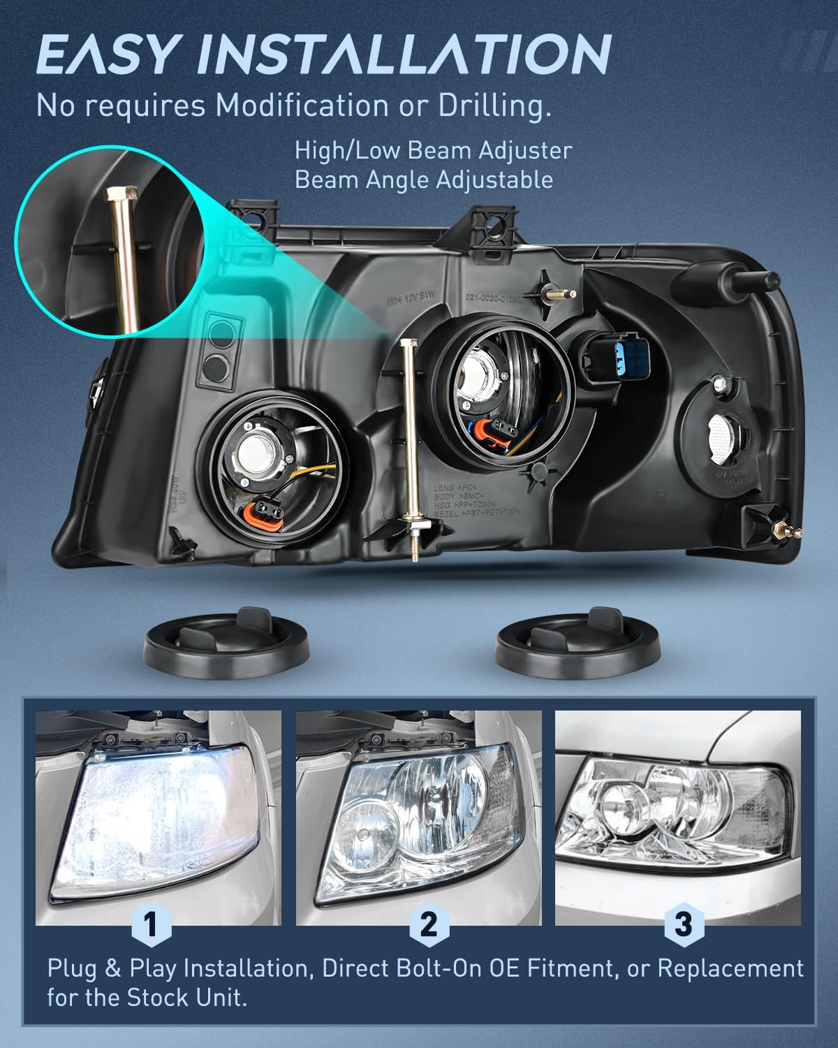 2003-2006 Ford Expedition Headlight Assembly - Chrome Housing with Clear Reflector & Lens | Replacement Headlights for Improved Night Visibility & Style Upgrade
