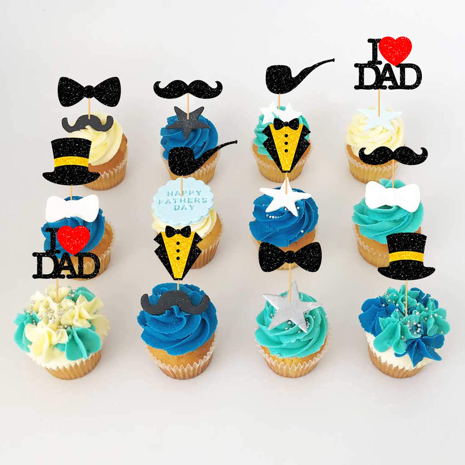 36Pcs Black Glitter Cupcake Toppers for Father's Day - I Love Dad Cake Decorations with Bow Tie, Mustache, Hat & Necktie - Perfect for Father's Birthday Party, DIY Cake Decorating & Holiday Celebrations
