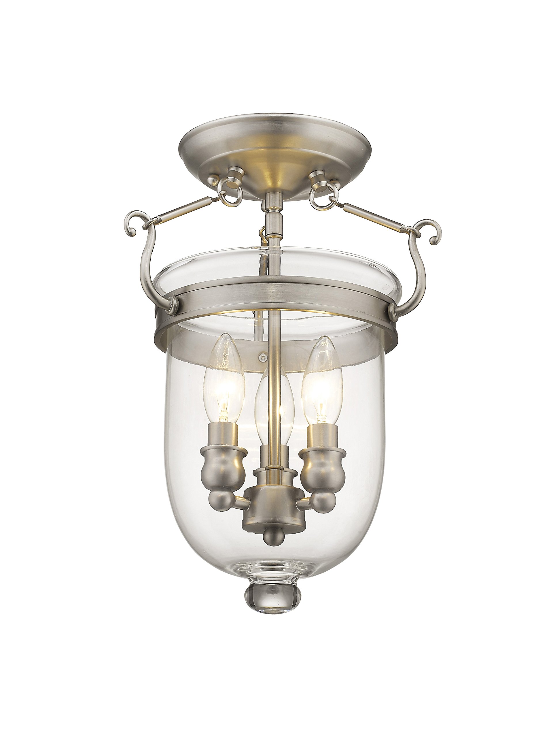 Livex Lighting Jefferson 3-Light Brushed Nickel Semi-Flush Mount Bell Jar Ceiling Fixture with Clear Glass Shades - Perfect for Dining Room, Bedroom, or Entryway Lighting