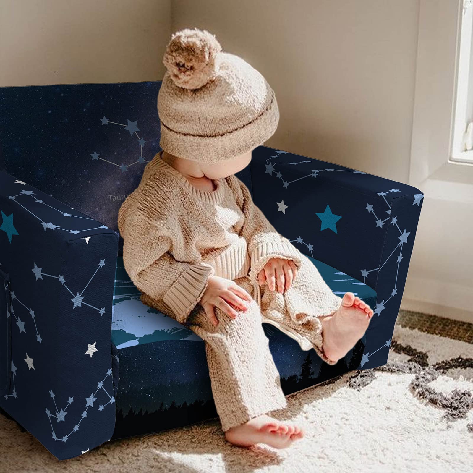 Zodiac Sign Kids Sofa - 2-in-1 Convertible Toddler Couch & Lounger with Starry Sky Design, Flip Out Chair & Sleeper for Boys Girls - Perfect for Nursery, Playroom & Birthday Gifts (Aries, Taurus, Gemini etc.)