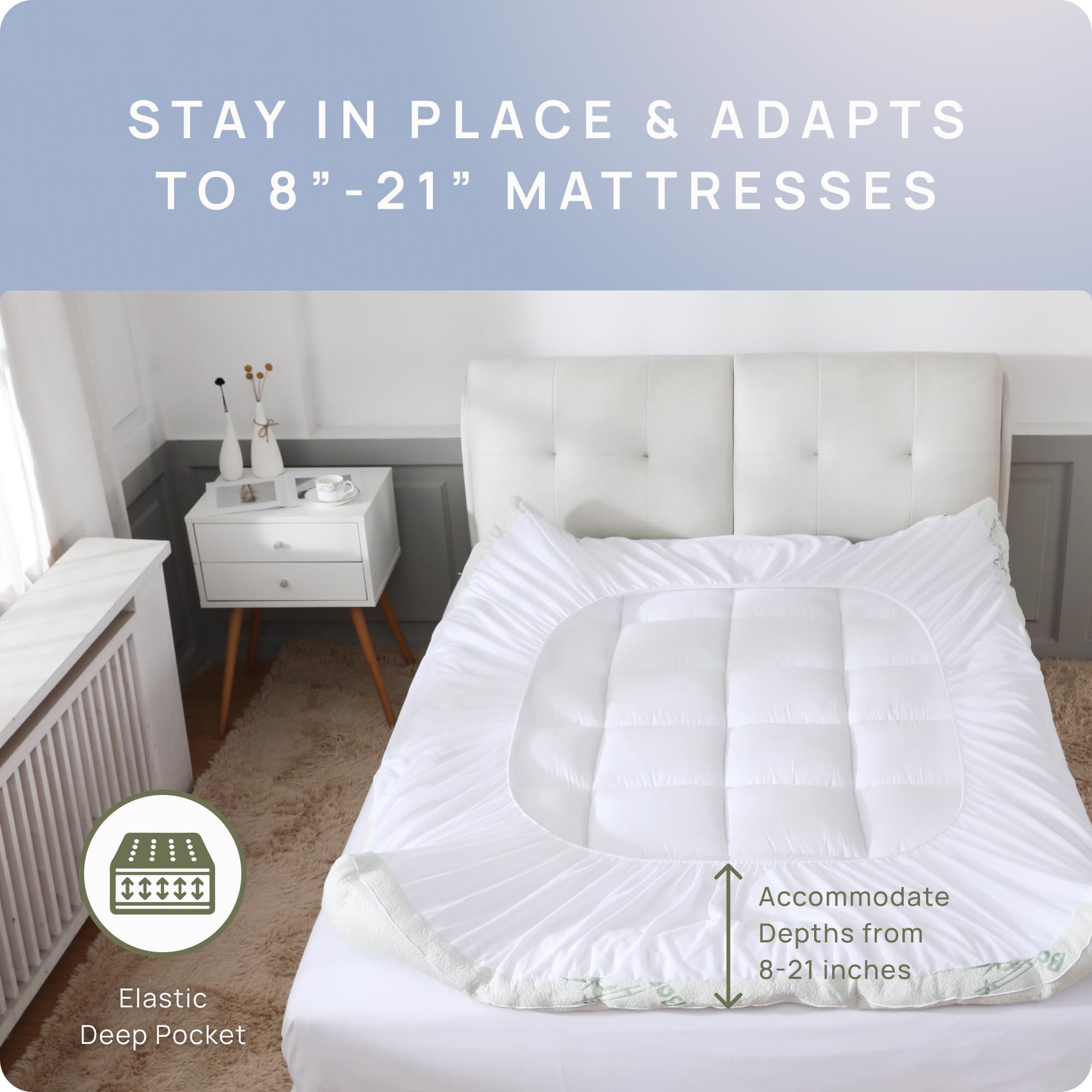 King Size Cooling Mattress Topper - Plush Bamboo Viscose Pillow Top for Back Pain Relief | Fits 8-21