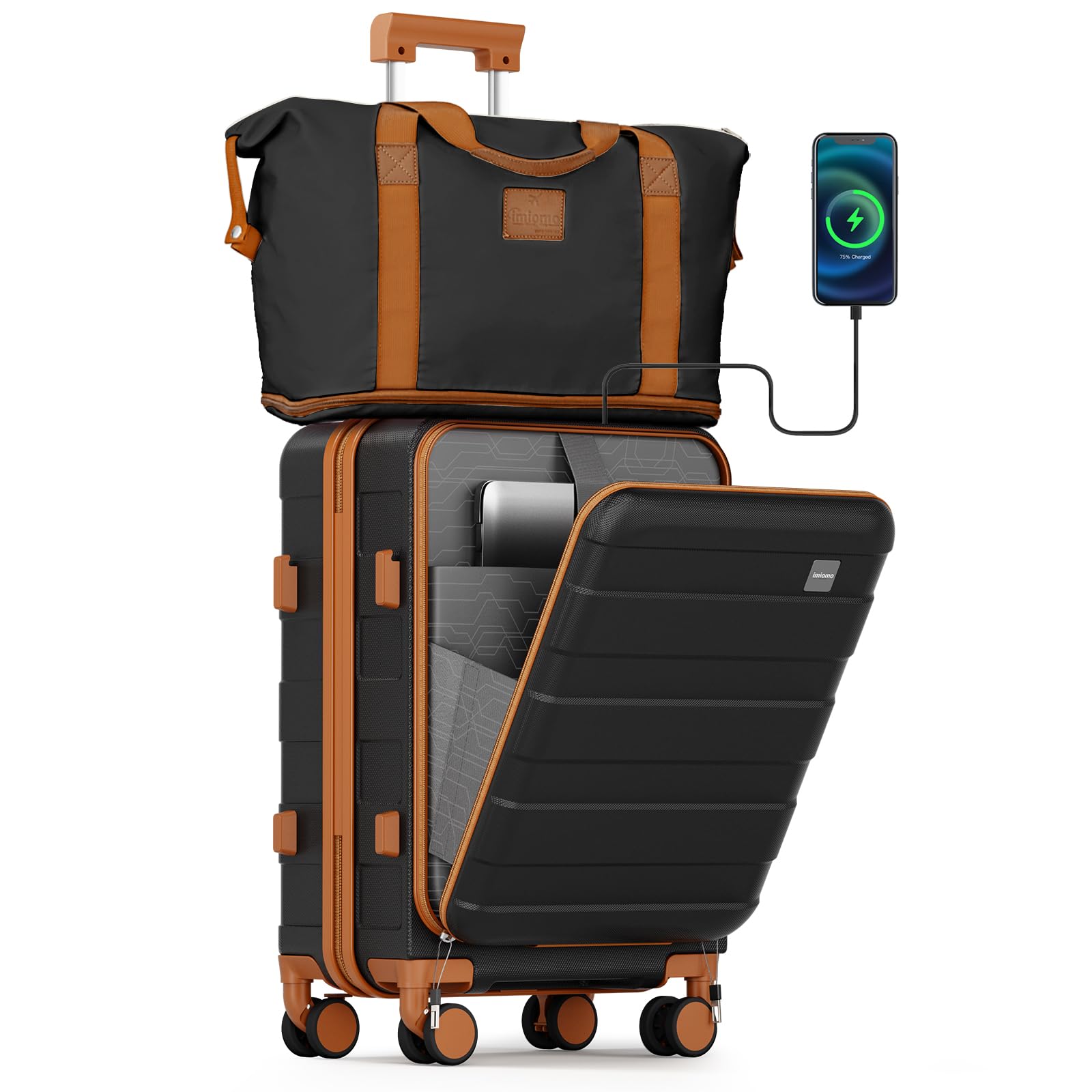 imiomo 20 Inch Hard Shell Carry on Luggage - Airline Approved TSA Lock Spinner Wheel Suitcase with USB Charging Port for Travel, Black | Perfect for Business Trips & Weekend Getaways