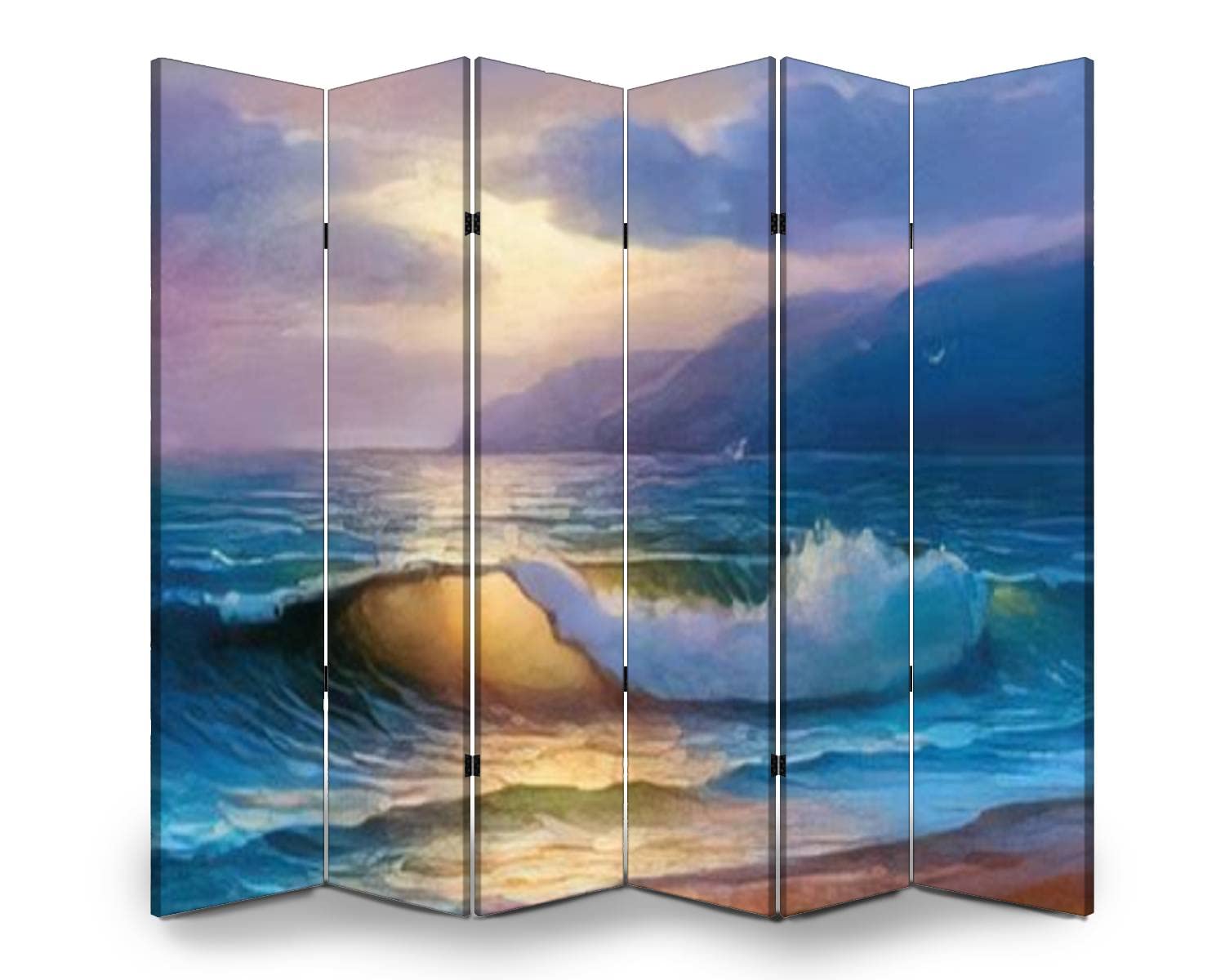 Hand-Painted Sea and Beach Oil Painting Room Divider - Golden Sunset Canvas Folding Privacy Screen for Indoor/Outdoor Use | Freestanding Protective Wall Separator for Living Room, Bedroom, Office, and Patio