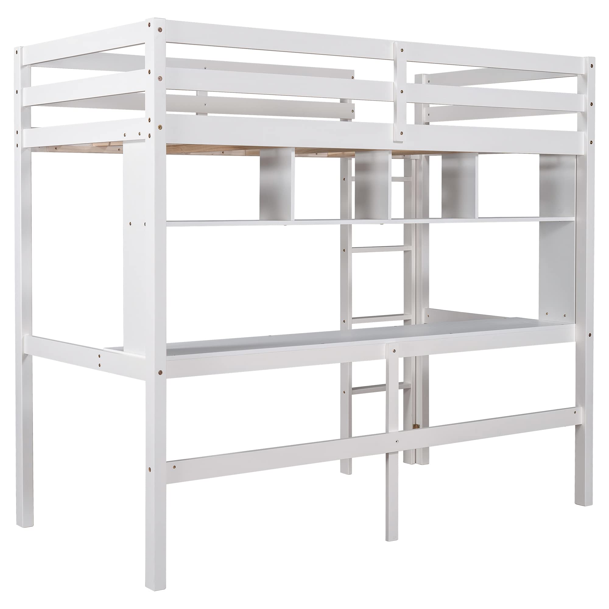 **Wooden Loft Bed Frame with Storage Shelves & Under-Bed Desk - Full-Length Guardrail & Built-in Ladder - Twin Size, White - Perfect for Kids, Teens & Adults - Space-Saving Bedroom, Dorm, or Studio Apartment Solution**