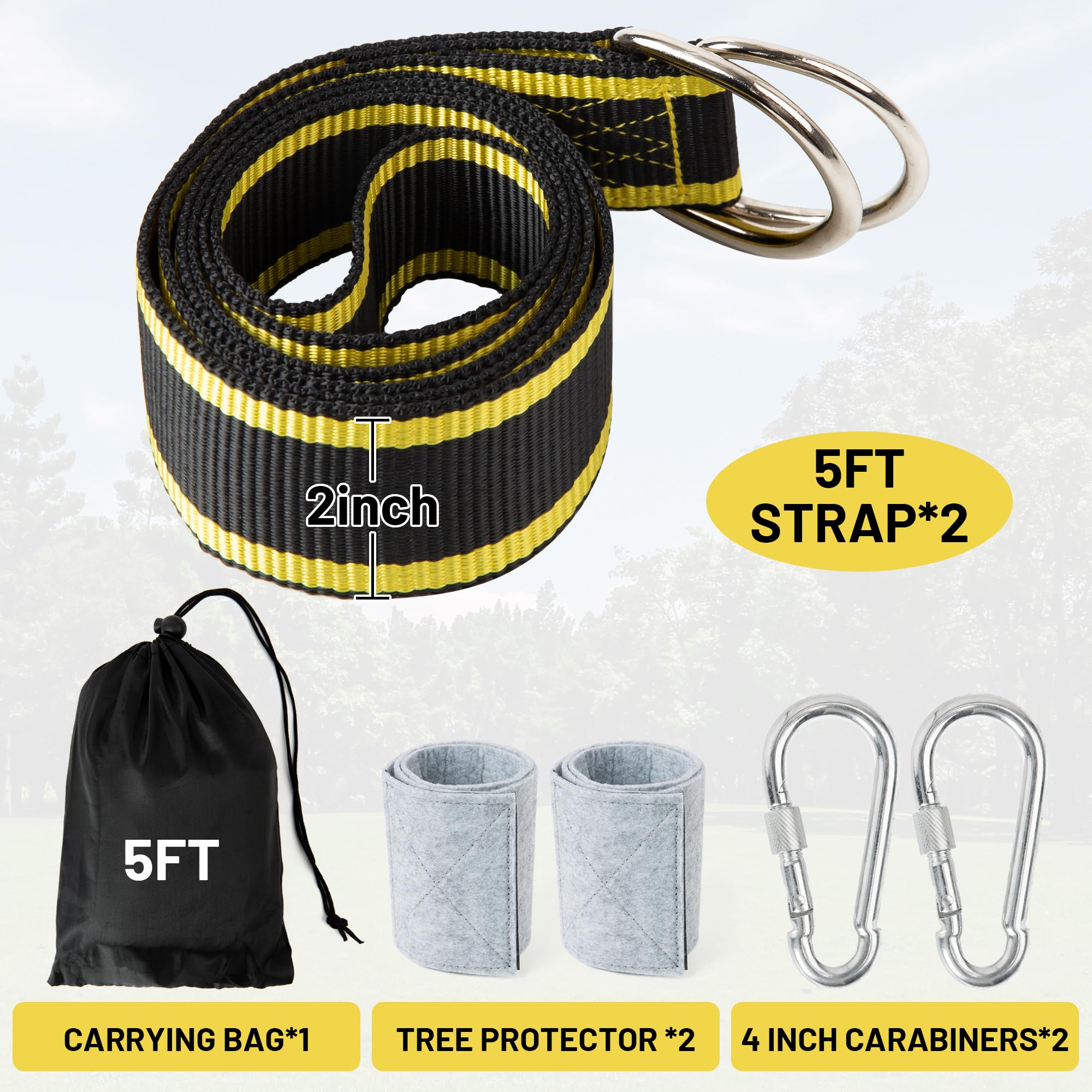 Heavy Duty Tree Swing Straps Kit - 3000 lbs Capacity with Safety Lock Carabiner & Spinner - 5FT Black/Yellow Tree Protector Straps for Hammocks, Swings & Outdoor Play (Backyard, Park, Camping)